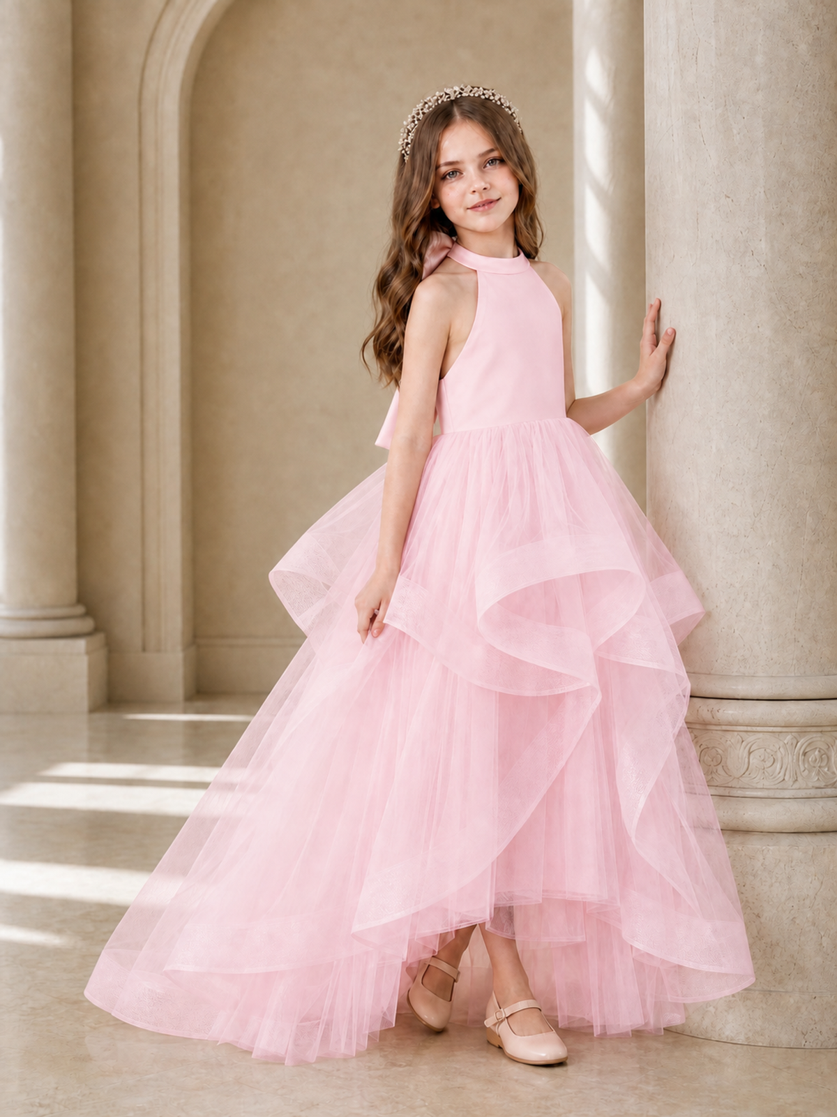 BOLODOO Candy Pink Halter Tiered Tulle Flower Girl Dress with Bow Back - Candy Pink - Candy Pink_3