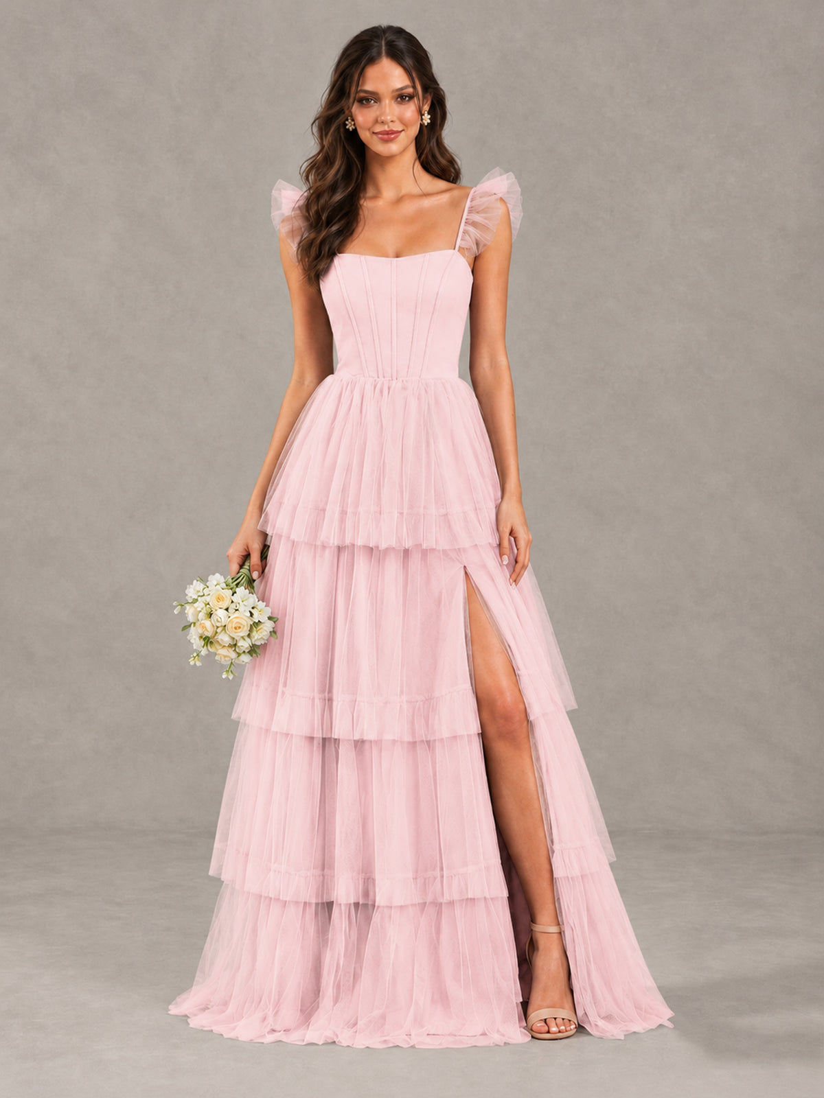 BOLODOO Candy Pink Tiered Tulle Bridesmaid Dress with Slit - Candy Pink - Candy Pink (1)