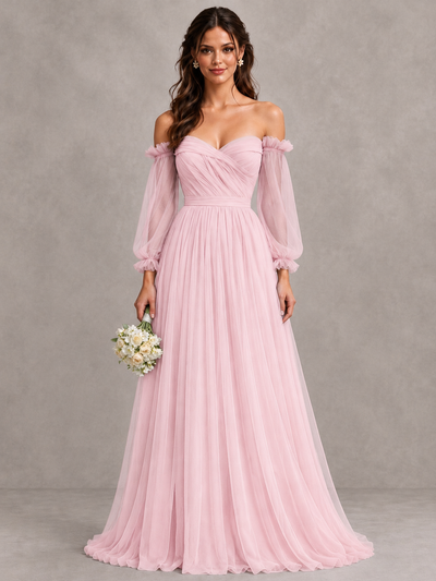 BOLODOO Candy Pink Off-the-Shoulder Long Sleeve A-Line Bridesmaid Dress - Candy Pink - Candy Pink (1)