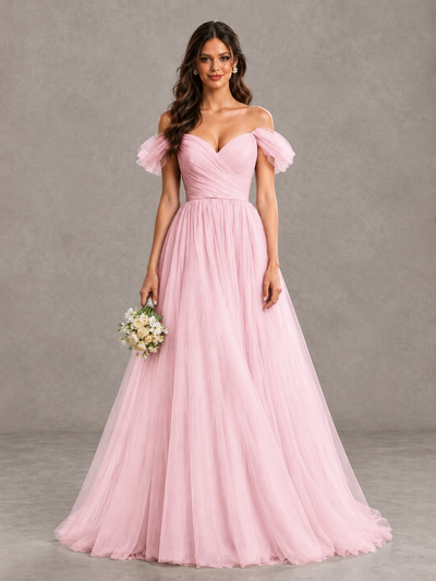 BOLODOO Candy Pink Off-the-Shoulder Ruffle Sleeve A-Line Bridesmaid Dress - Candy Pink - Candy Pink (1)