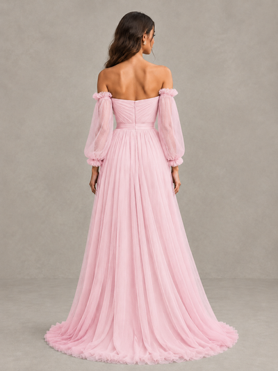 BOLODOO Candy Pink Off-the-Shoulder Long Sleeve A-Line Bridesmaid Dress - Candy Pink - Candy Pink (2)