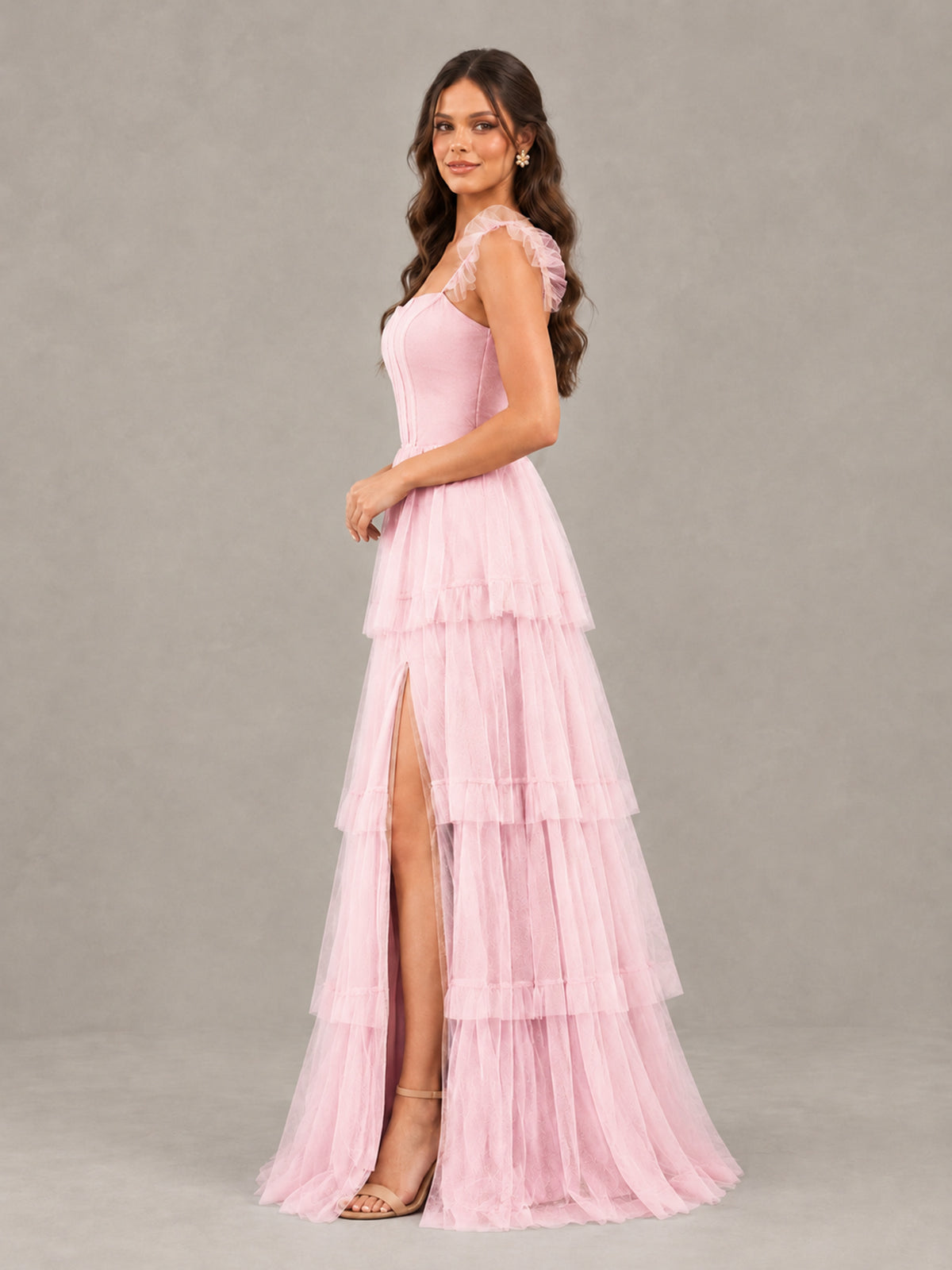 BOLODOO Candy Pink Tiered Tulle Bridesmaid Dress with Slit - Candy Pink - Candy Pink (3)