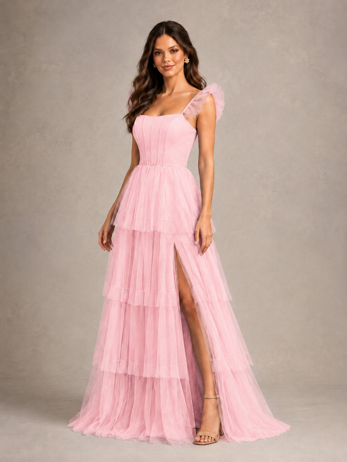 BOLODOO Candy Pink Tiered Tulle Bridesmaid Dress with Slit - Candy Pink - Candy Pink (4)