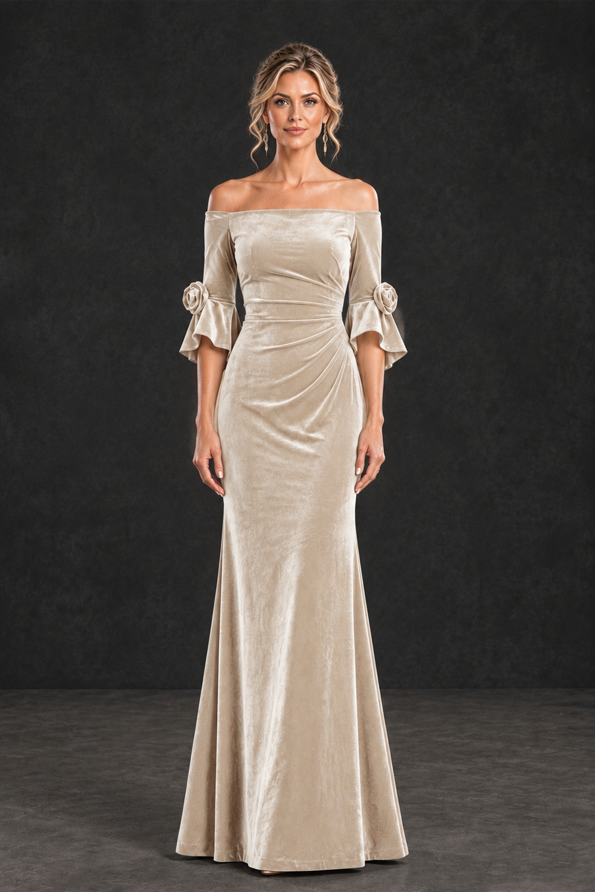 BOLODOO Chamapgen Velvet Off-Shoulder Mother of the Bride Dress – 3/4 Floral Cuff Sleeve Mermaid Evening Gown - Chamapgen - Chamapgen_1