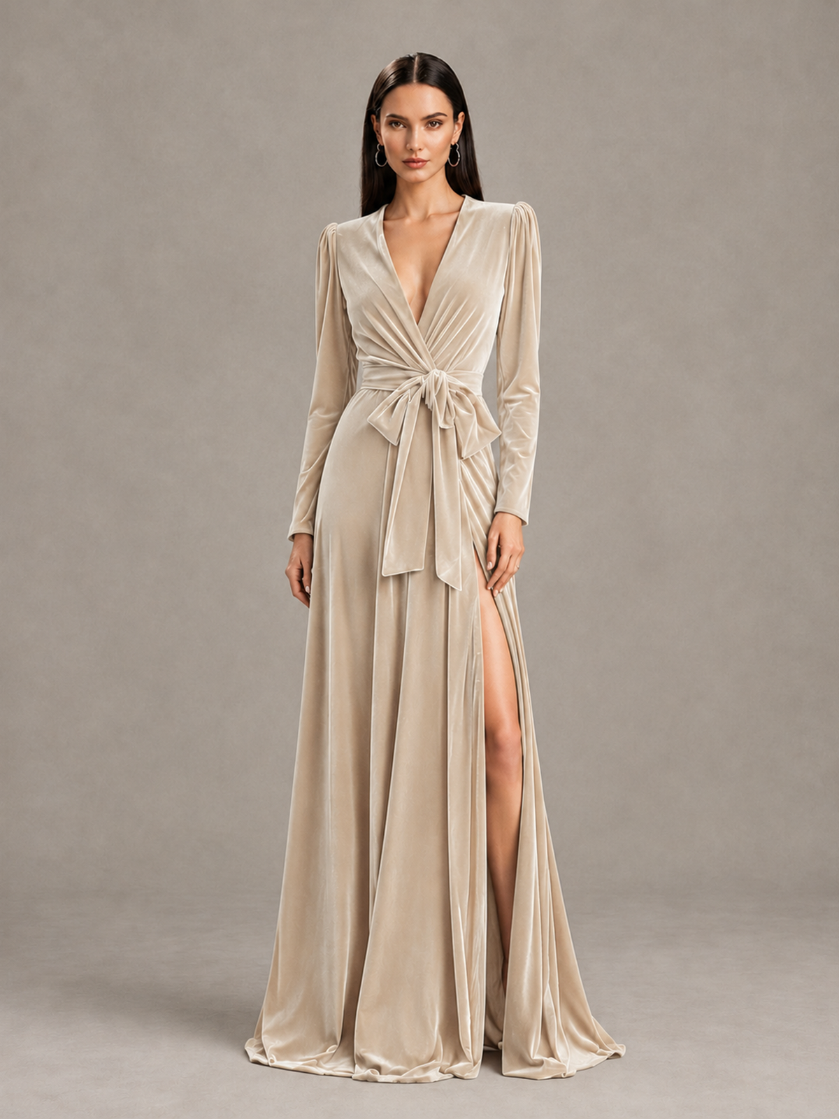 BOLODOO Chamapgen Long Sleeve Velvet-Look Evening Dress with High Slit - Chamapgen - Chamapgen_1