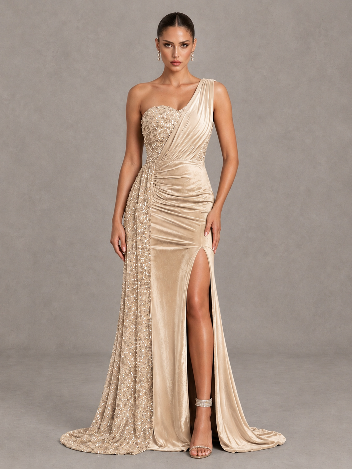 BOLODOO Chamapgen One-Shoulder Satin Sequin Gown with High Slit - Chamapgen - Chamapgen_1