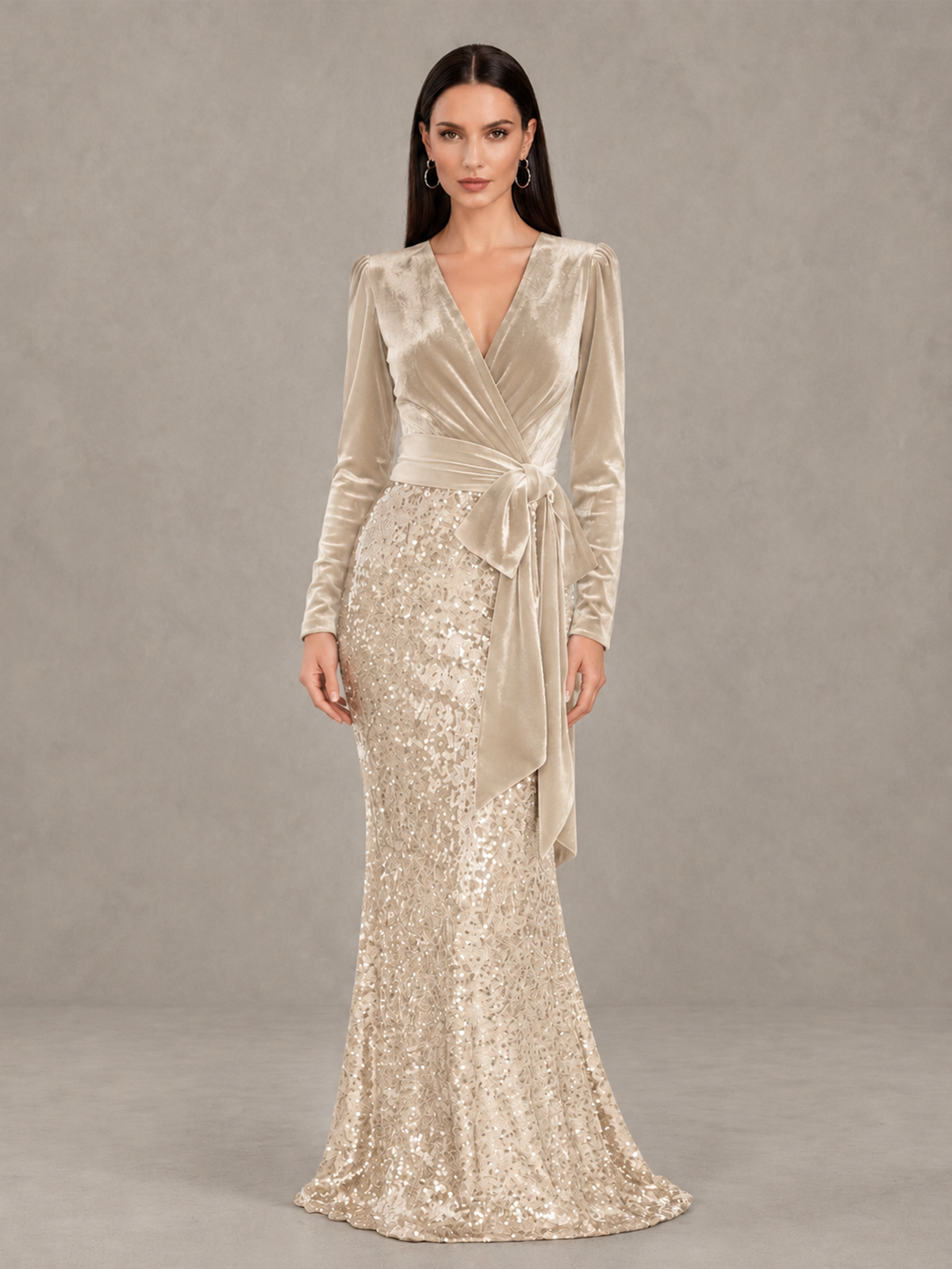 BOLODOO Chamapgen Velvet & Sequin Long Sleeve V-Neck Mermaid Evening Gown - Chamapgen - Chamapgen_1