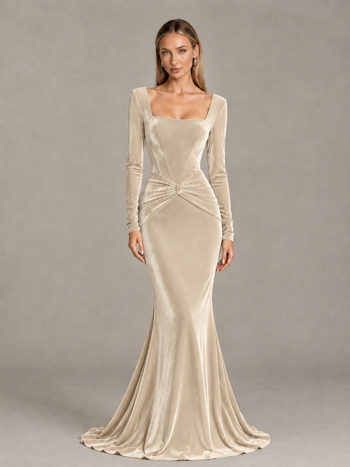 BOLODOO Chamapgen Velvet-Look Square Neck Long Sleeve Mermaid Evening Dress - Chamapgen - Chamapgen_1