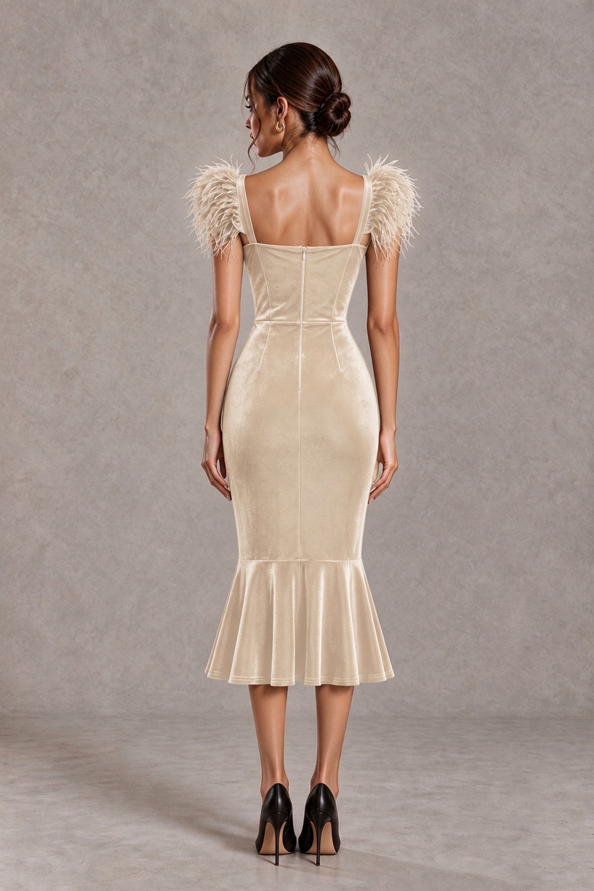 BOLODOO Chamapgen Feather-Trim Velvet-Look Mermaid Midi Dress - Chamapgen - Chamapgen_2