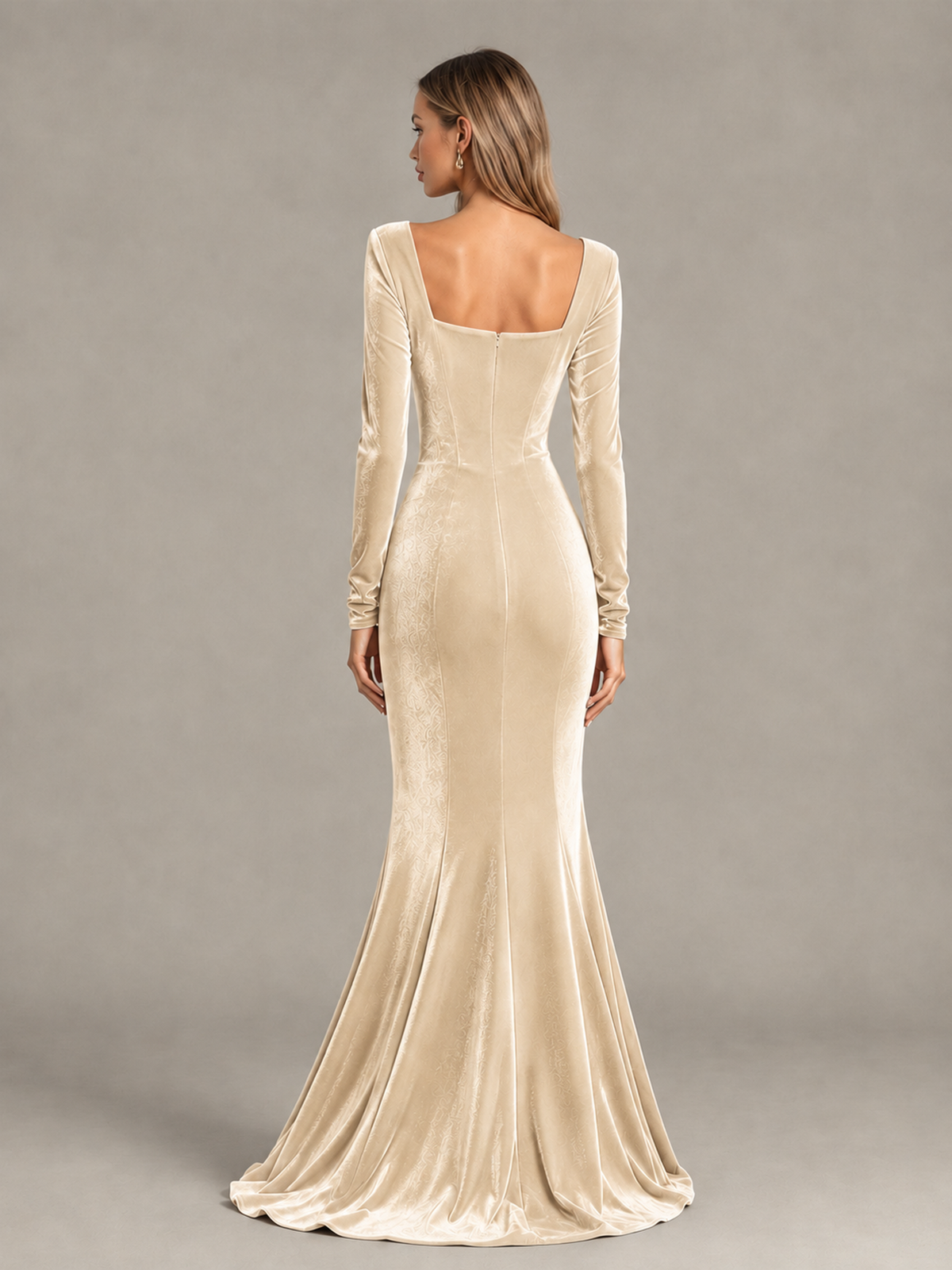 BOLODOO Chamapgen Velvet-Look Square Neck Long Sleeve Mermaid Evening Dress - Chamapgen - Chamapgen_2