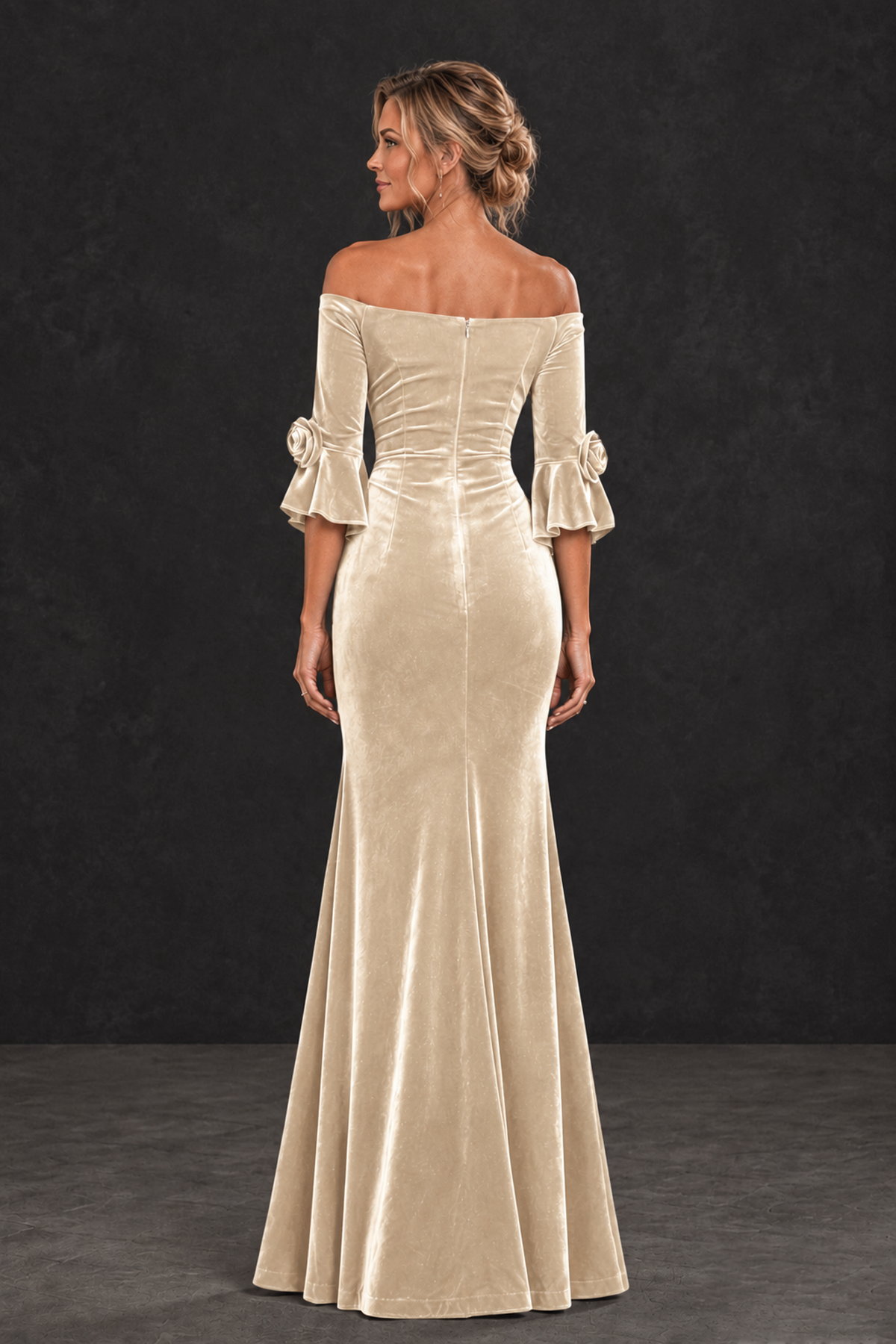 BOLODOO Chamapgen Velvet Off-Shoulder Mother of the Bride Dress – 3/4 Floral Cuff Sleeve Mermaid Evening Gown - Chamapgen - Chamapgen_2