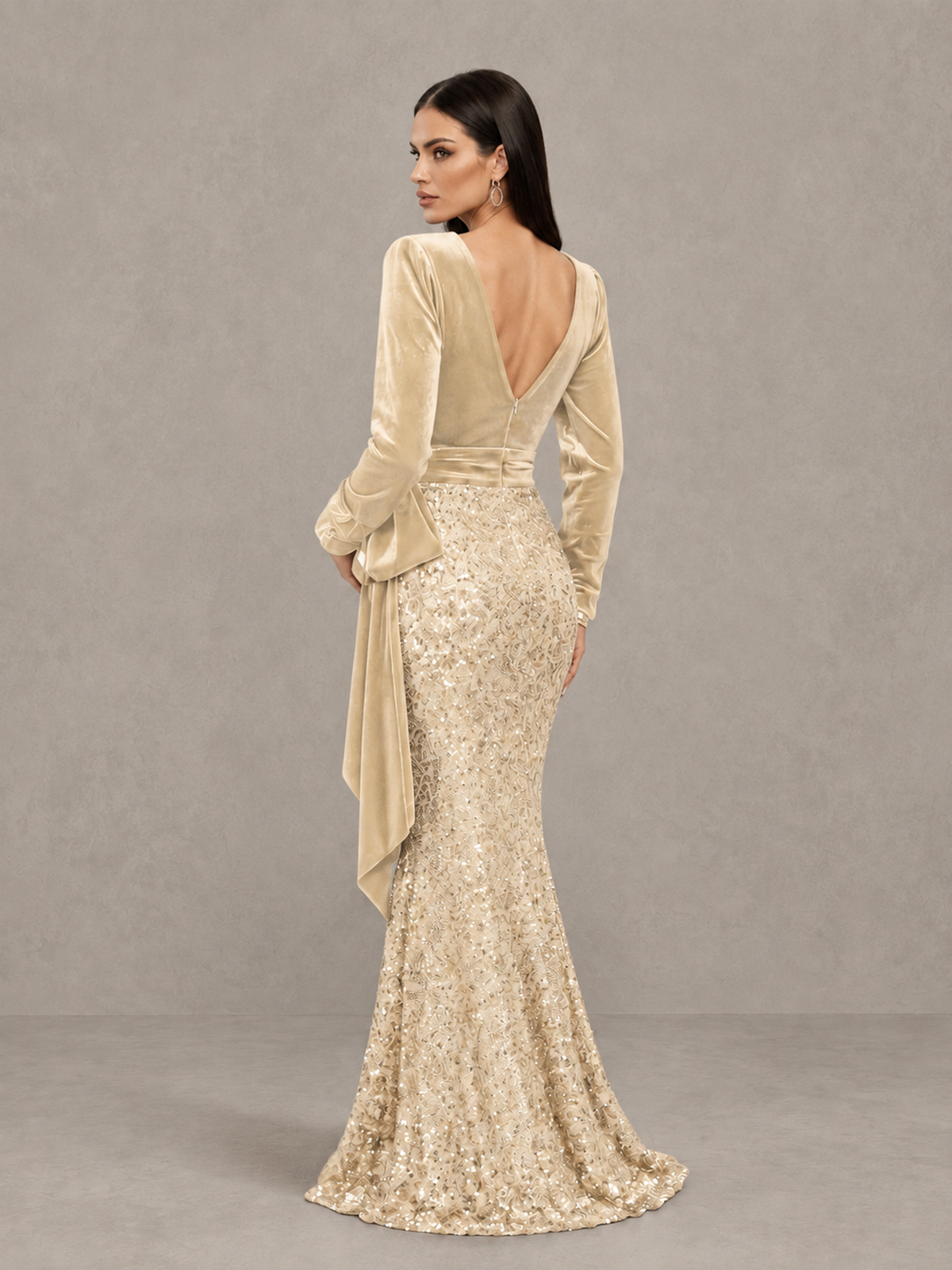 BOLODOO Chamapgen Velvet & Sequin Long Sleeve V-Neck Mermaid Evening Gown - Chamapgen - Chamapgen_2