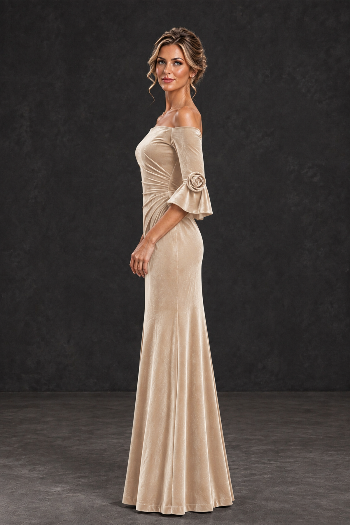 BOLODOO Chamapgen Velvet Off-Shoulder Mother of the Bride Dress – 3/4 Floral Cuff Sleeve Mermaid Evening Gown - Chamapgen - Chamapgen_3