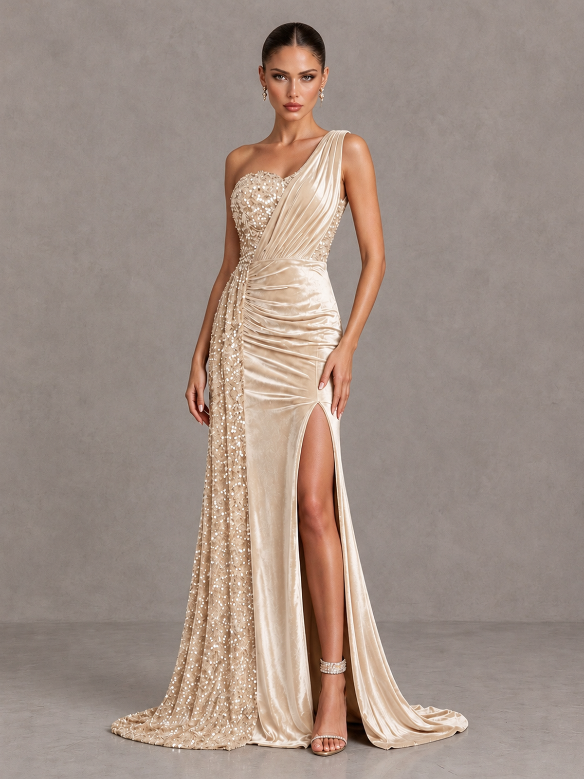BOLODOO Chamapgen One-Shoulder Satin Sequin Gown with High Slit - Chamapgen - Chamapgen_3