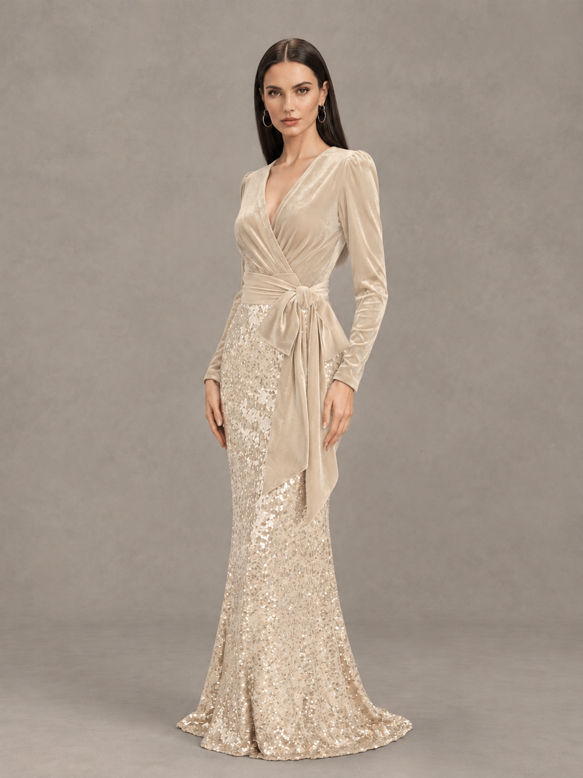 BOLODOO Chamapgen Velvet & Sequin Long Sleeve V-Neck Mermaid Evening Gown - Chamapgen - Chamapgen_3