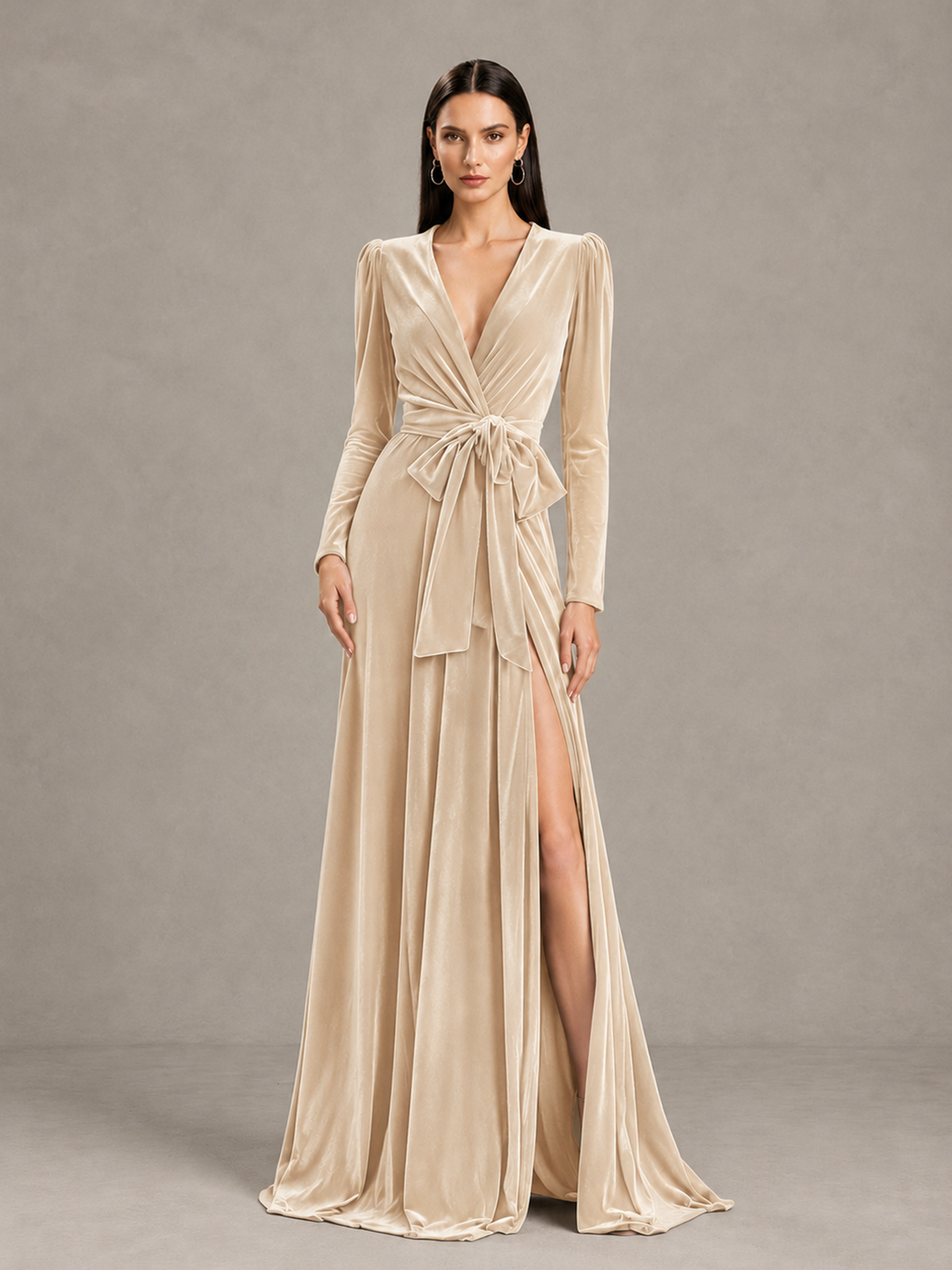 BOLODOO Chamapgen Long Sleeve Velvet-Look Evening Dress with High Slit - Chamapgen - Chamapgen_4