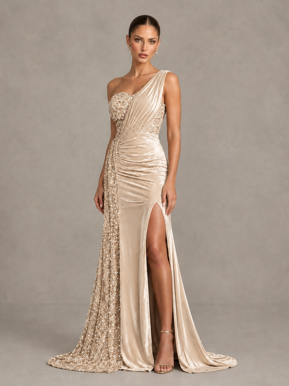 BOLODOO Chamapgen One-Shoulder Satin Sequin Gown with High Slit - Chamapgen - Chamapgen_4