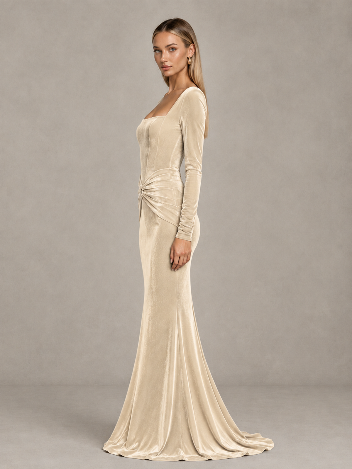 BOLODOO Chamapgen Velvet-Look Square Neck Long Sleeve Mermaid Evening Dress - Chamapgen - Chamapgen_4