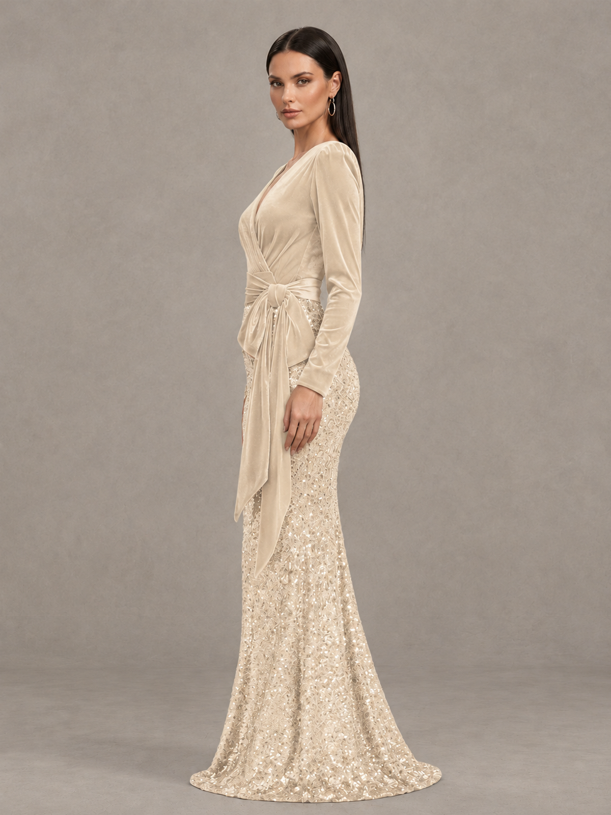 BOLODOO Chamapgen Velvet & Sequin Long Sleeve V-Neck Mermaid Evening Gown - Chamapgen - Chamapgen_4