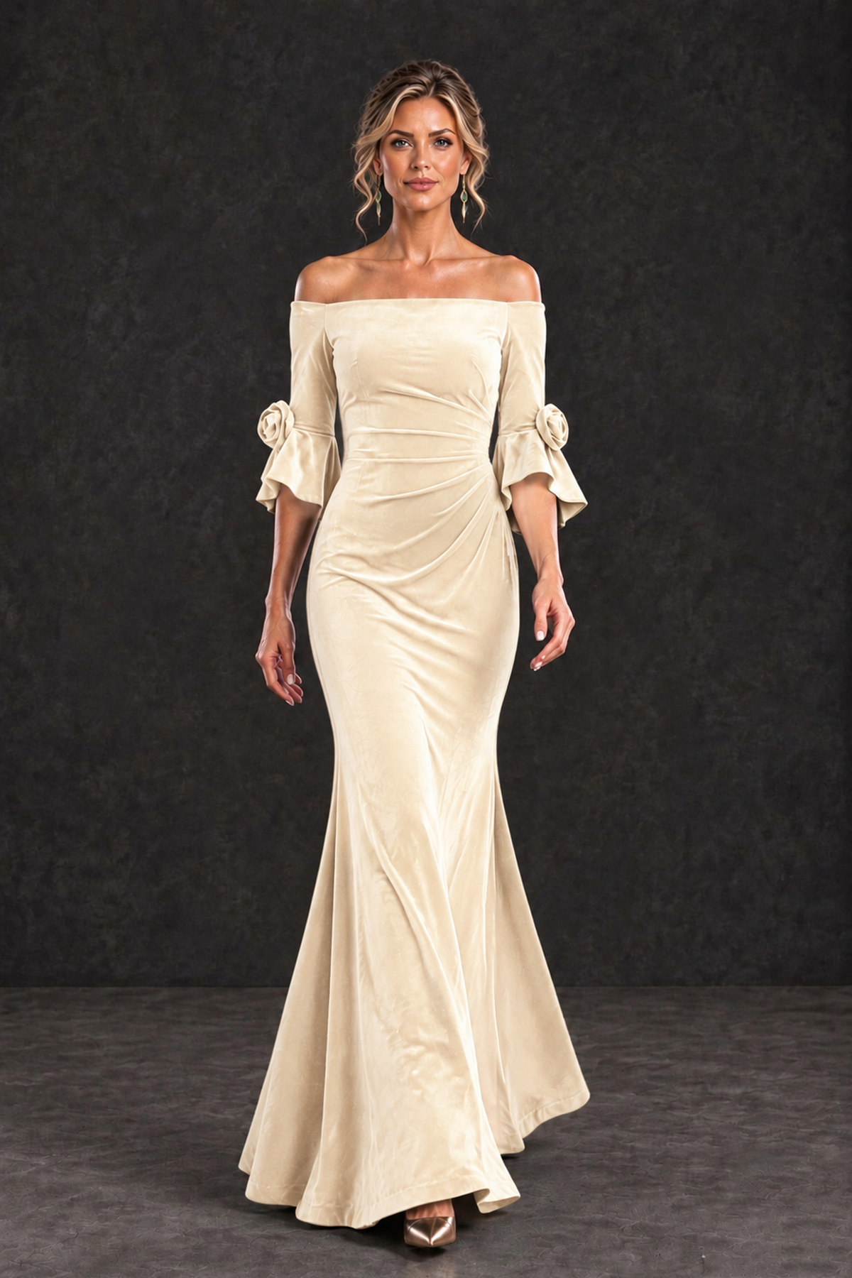 BOLODOO Chamapgen Velvet Off-Shoulder Mother of the Bride Dress – 3/4 Floral Cuff Sleeve Mermaid Evening Gown - Chamapgen - Chamapgen_4