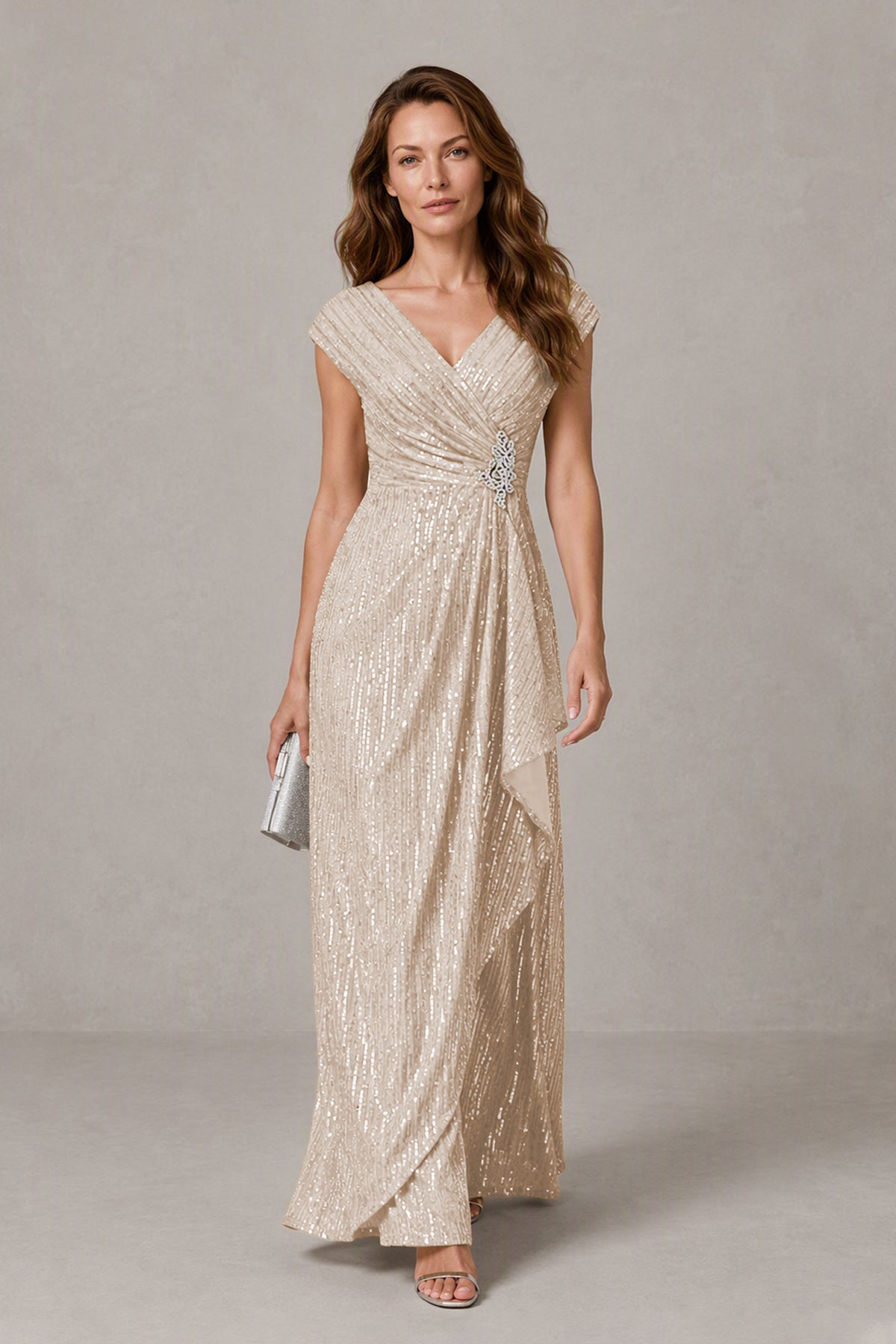 BOLODOO Champagn Sequin V-Neck Cap Sleeve Maxi Dress - Champagn