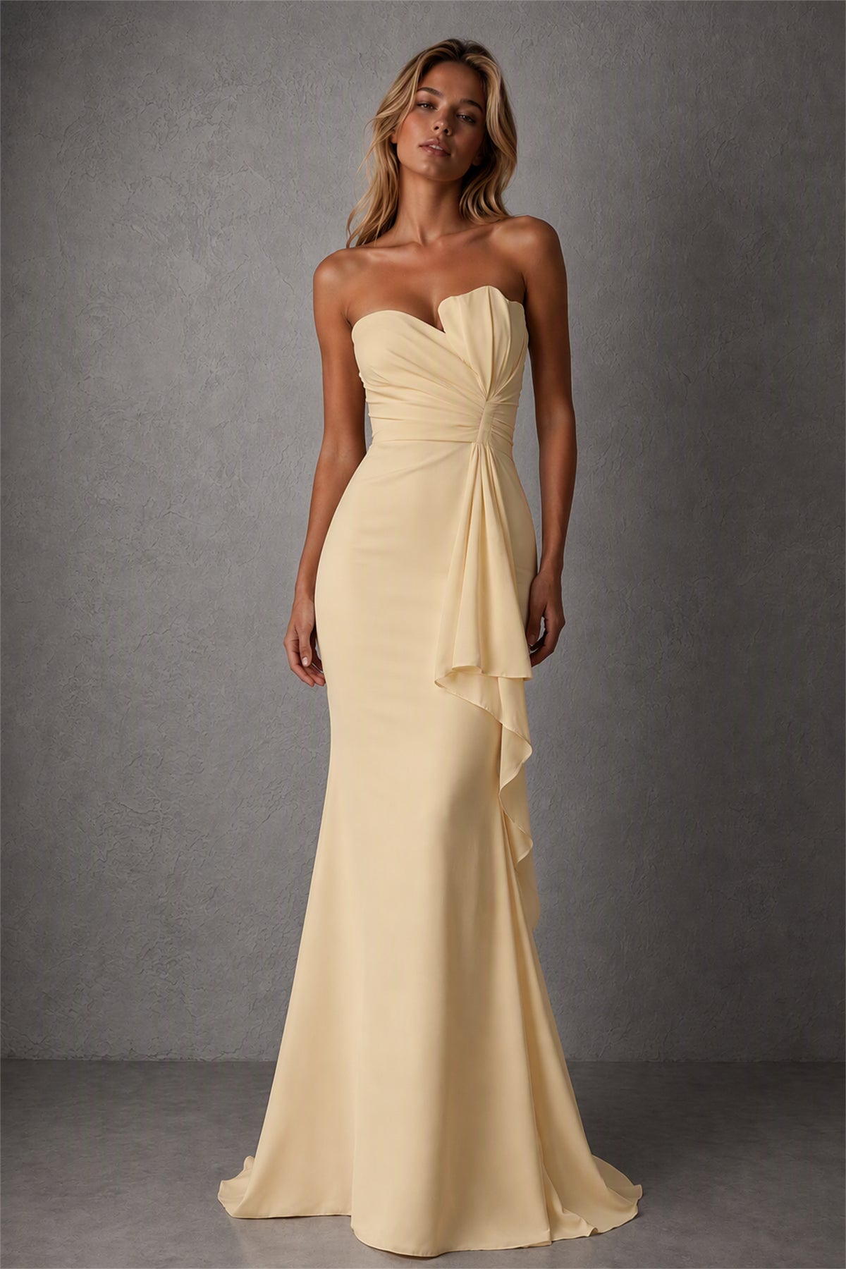 BOLODOO Champagne Strapless Sweetheart Ruched Mermaid Gown | Cascade Drape Formal Evening Dress - Champagne