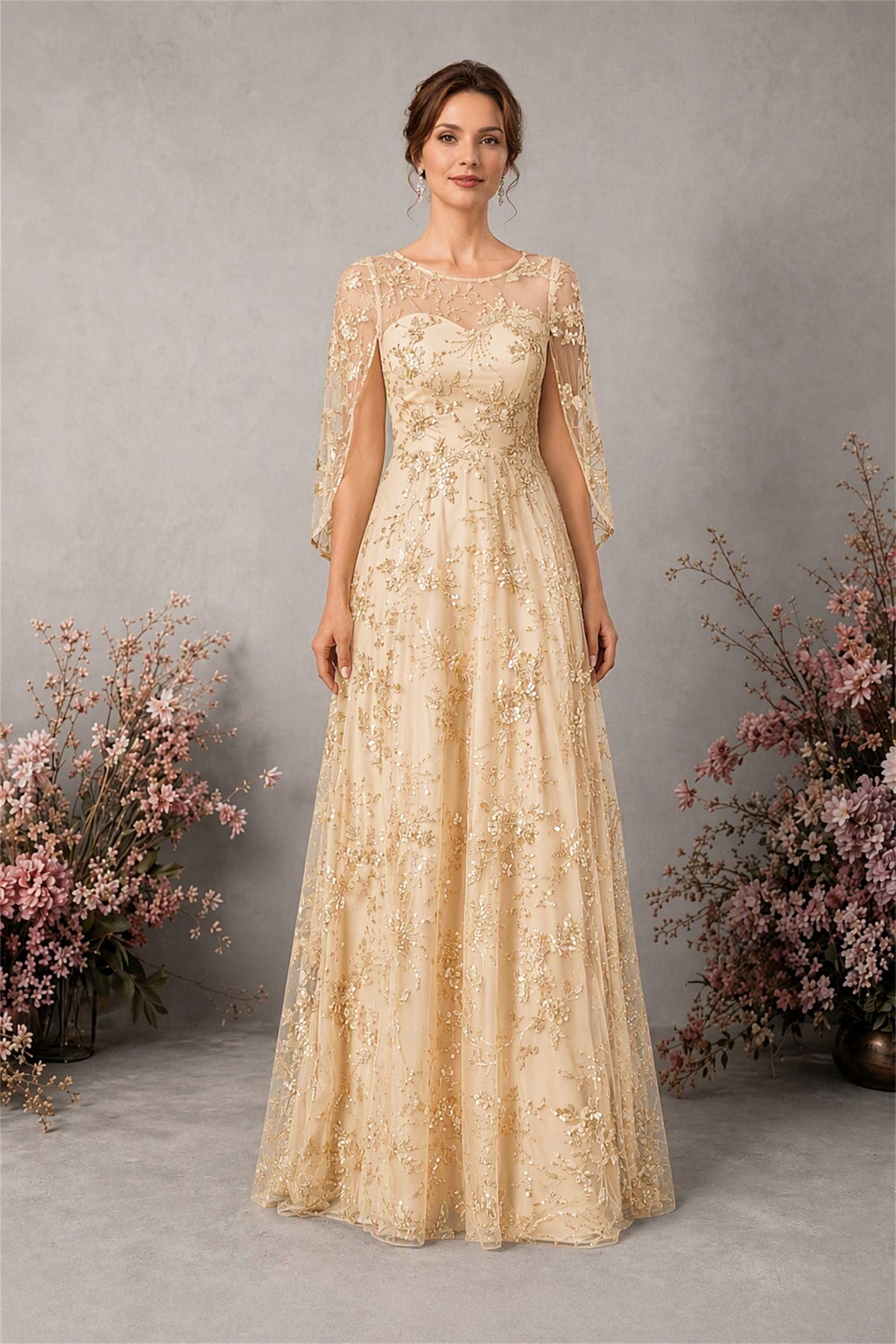 BOLODOO Champagne Sequin Lace Cape Sleeve Formal Evening Gown - Champagne