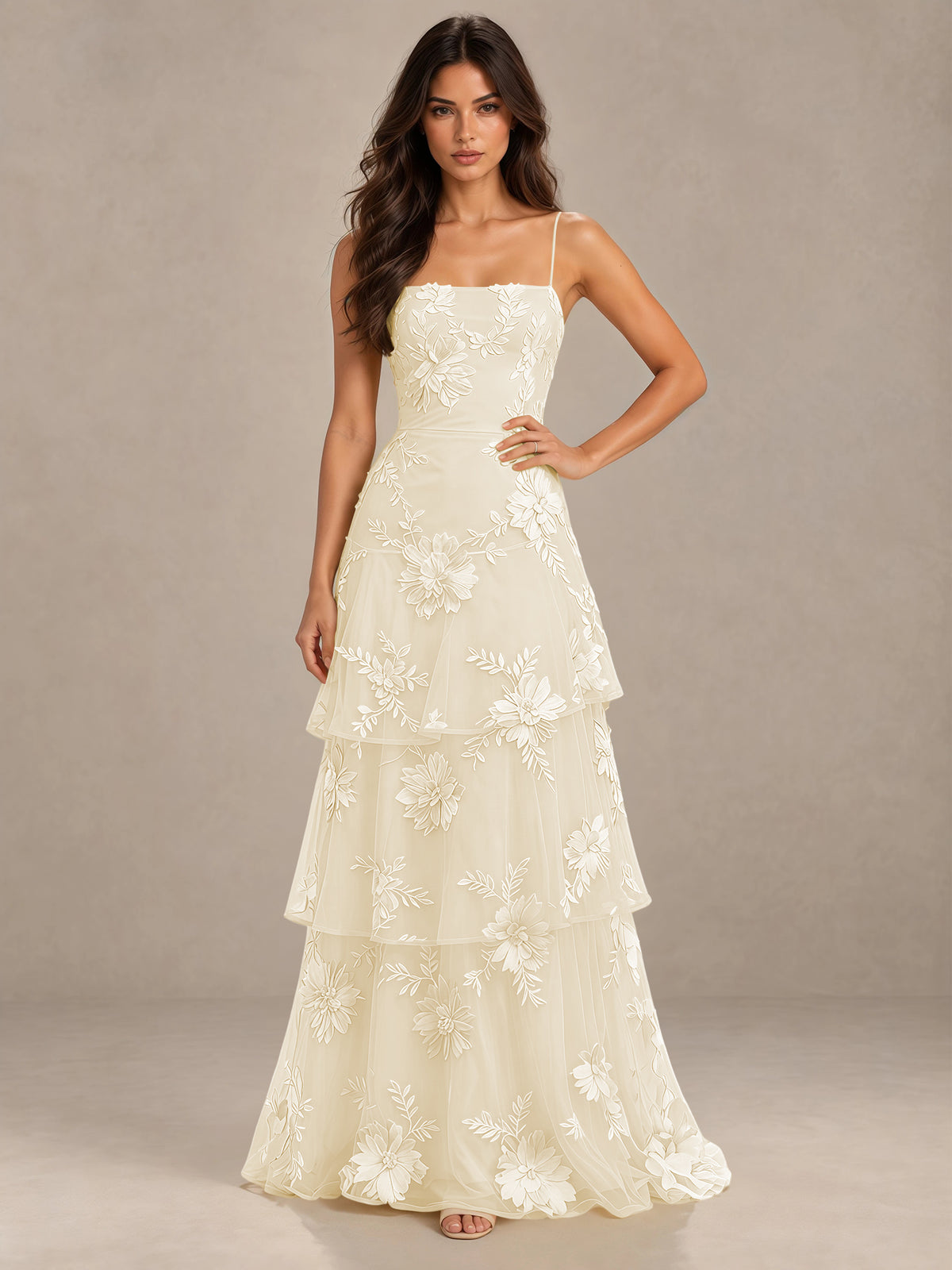 BOLODOO Champagne Floral Applique Tiered Prom Dress with Lace-Up Back - Champagne - Champagne-1