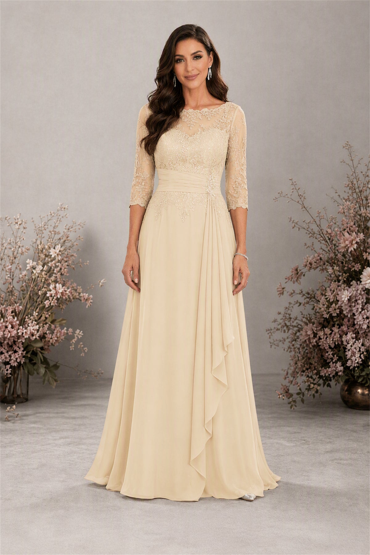 BOLODOO Champagne Chiffon Lace 3/4 Sleeve Floor Length Formal Evening Gown - Champagne
