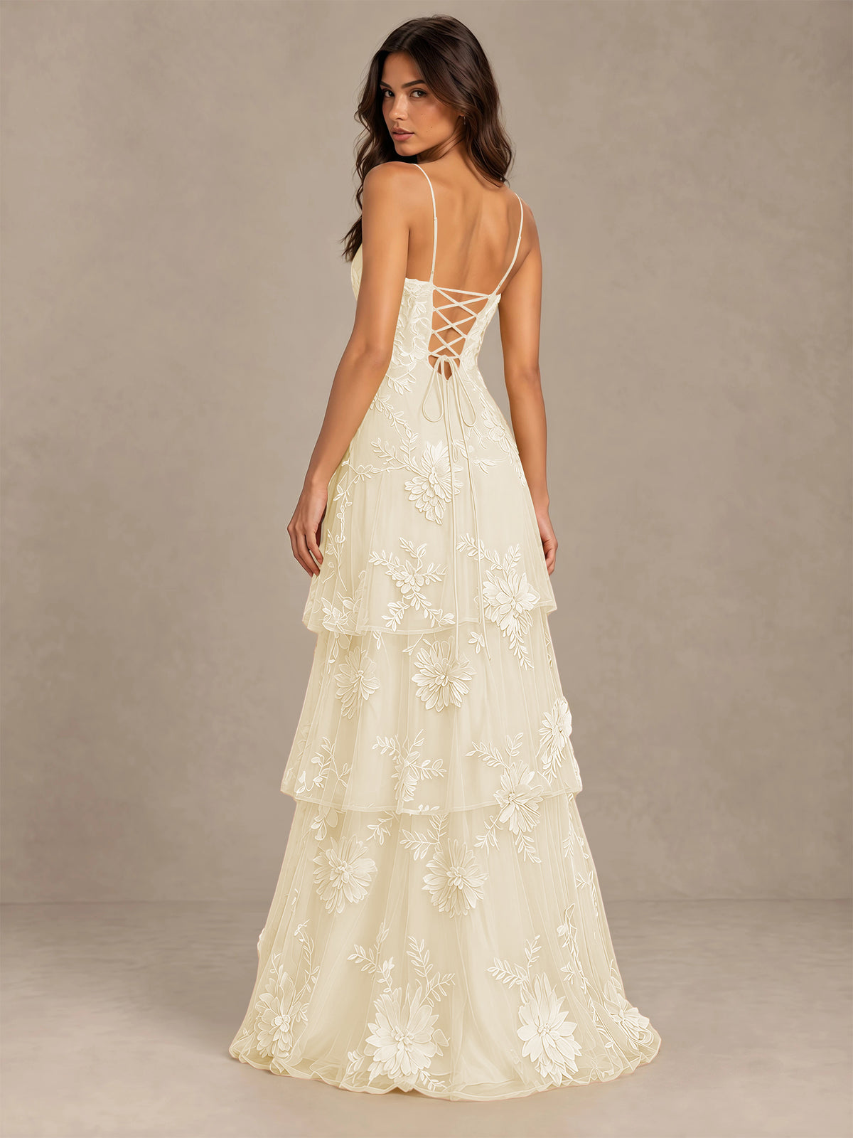 BOLODOO Champagne Floral Applique Tiered Prom Dress with Lace-Up Back - Champagne - Champagne-2