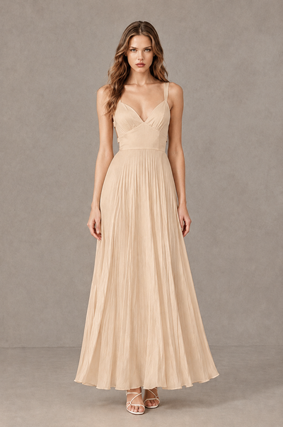 BOLODOO Champagne V-Neck Pleated Open-Back Maxi Dress - Champagne - Champagne_01