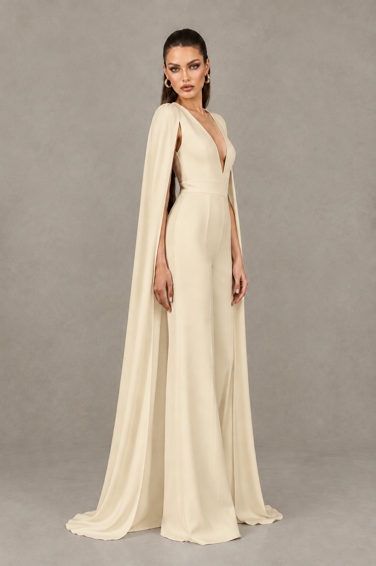 BOLODOO Champagne Deep V-Neck Cape Sleeve Bridal Jumpsuit - Champagne - Champagne_01