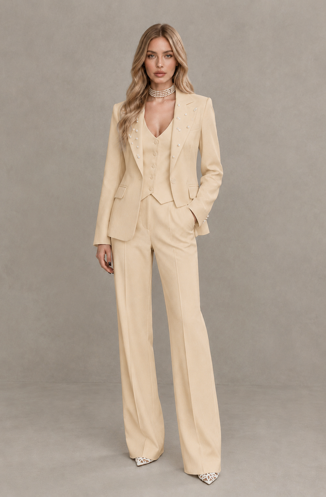 BOLODOO Champagne Women's Three-Piece Pantsuit with Blazer & Vest - Champagne - Champagne_01