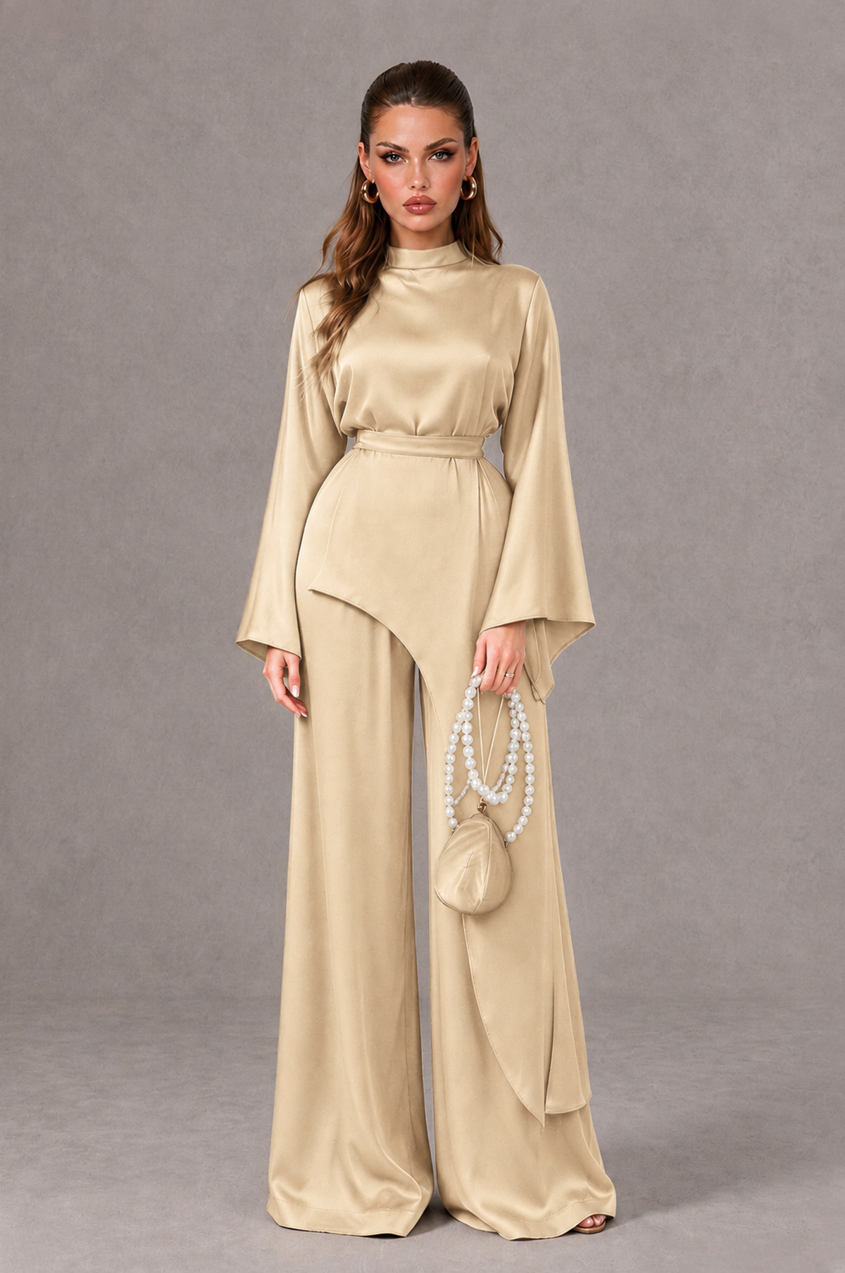 BOLODOO Champagne Satin-Look Long Sleeve Wide-Leg Jumpsuit - Champagne - Champagne_01