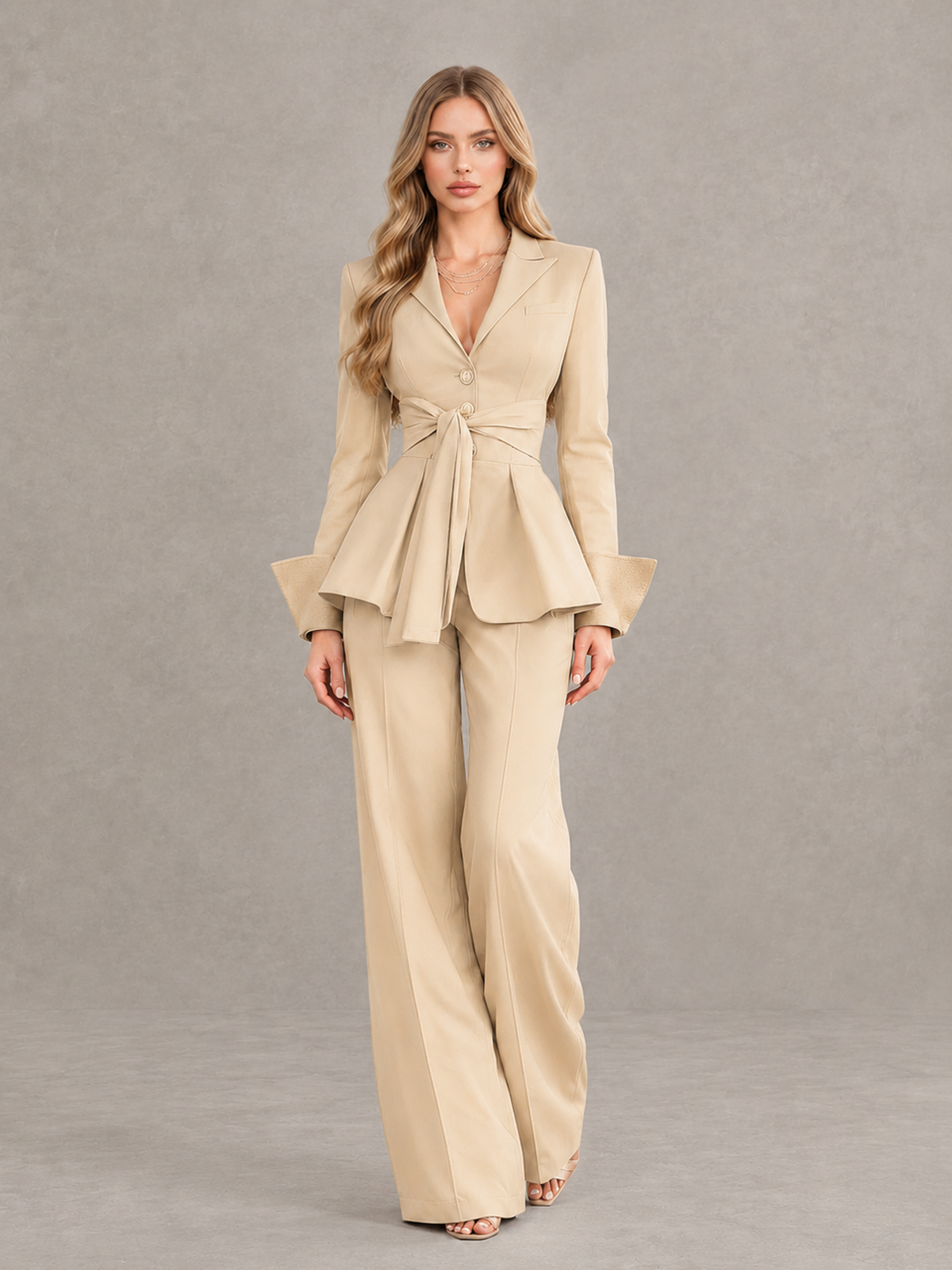 BOLODOO Champagne Belted Peplum Pantsuit with Long Sleeves & Wide-Leg Trousers - Champagne - Champagne_01