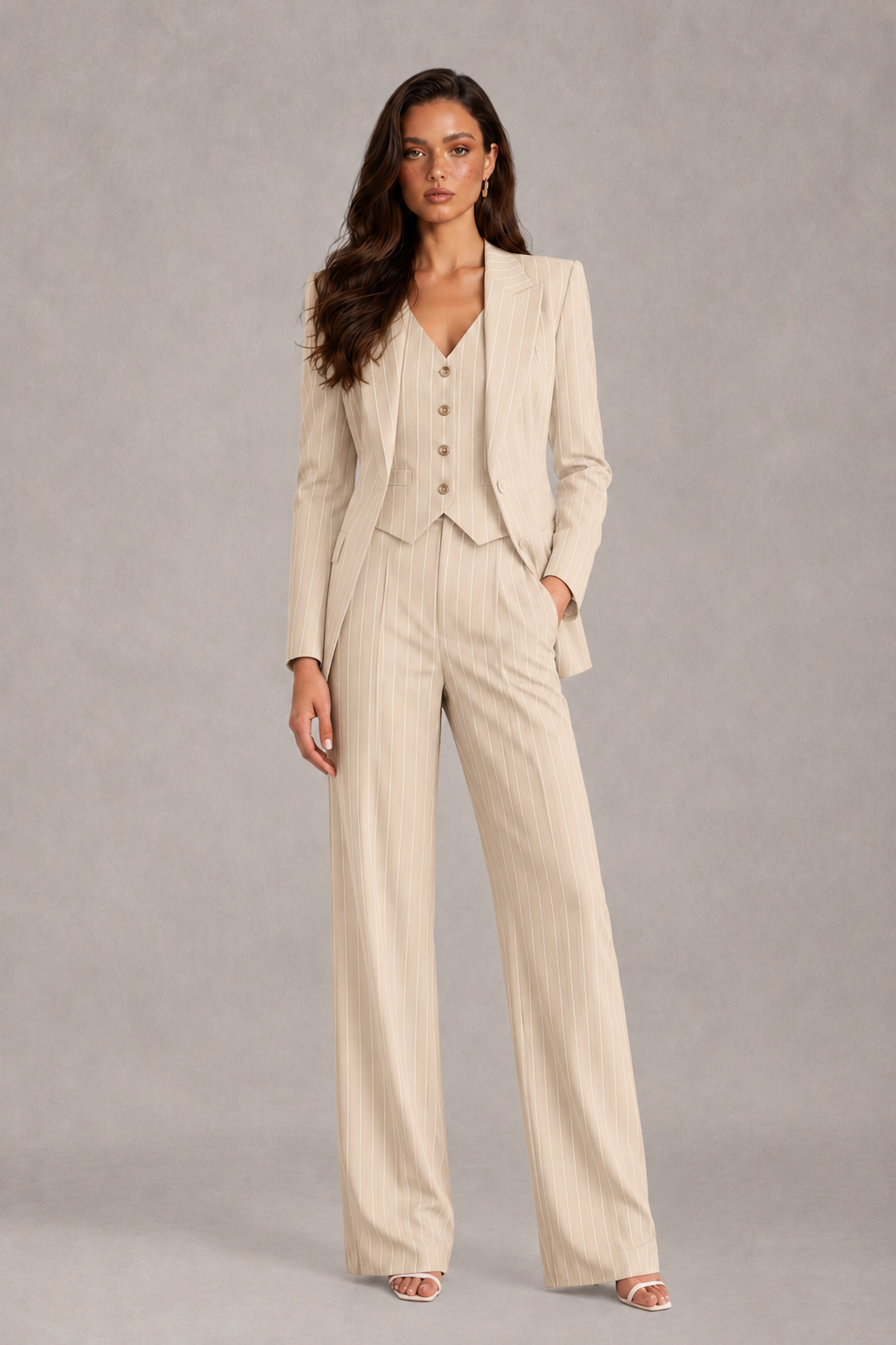 BOLODOO Women's Champagne Pinstripe Three-Piece Pantsuit with Wide-Leg Trousers - Champagne - Champagne_01