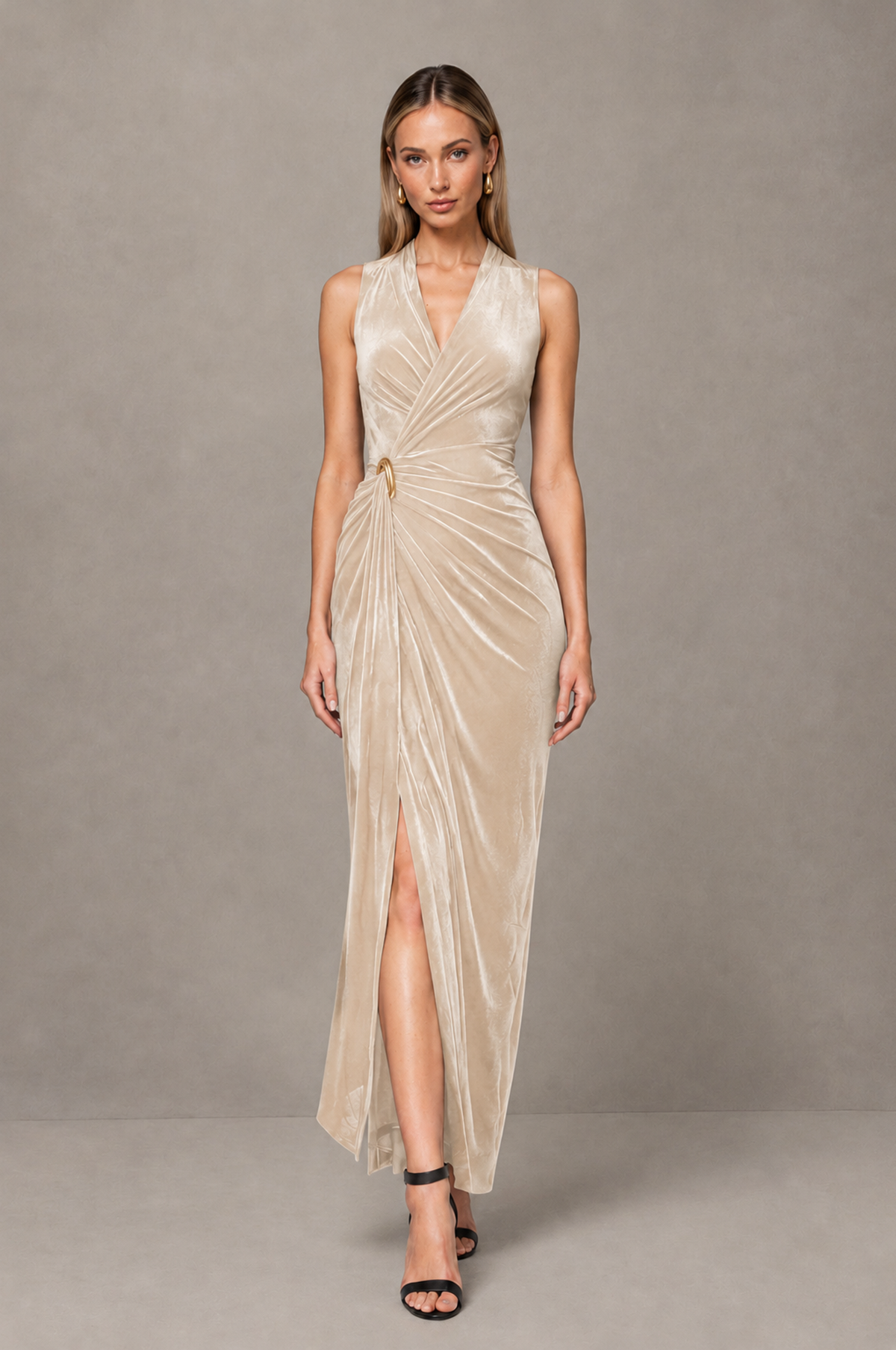 BOLODOO Champagne Velvet-Look Sleeveless V-Neck Ruched Slit Maxi Dress - Champagne - Champagne_01