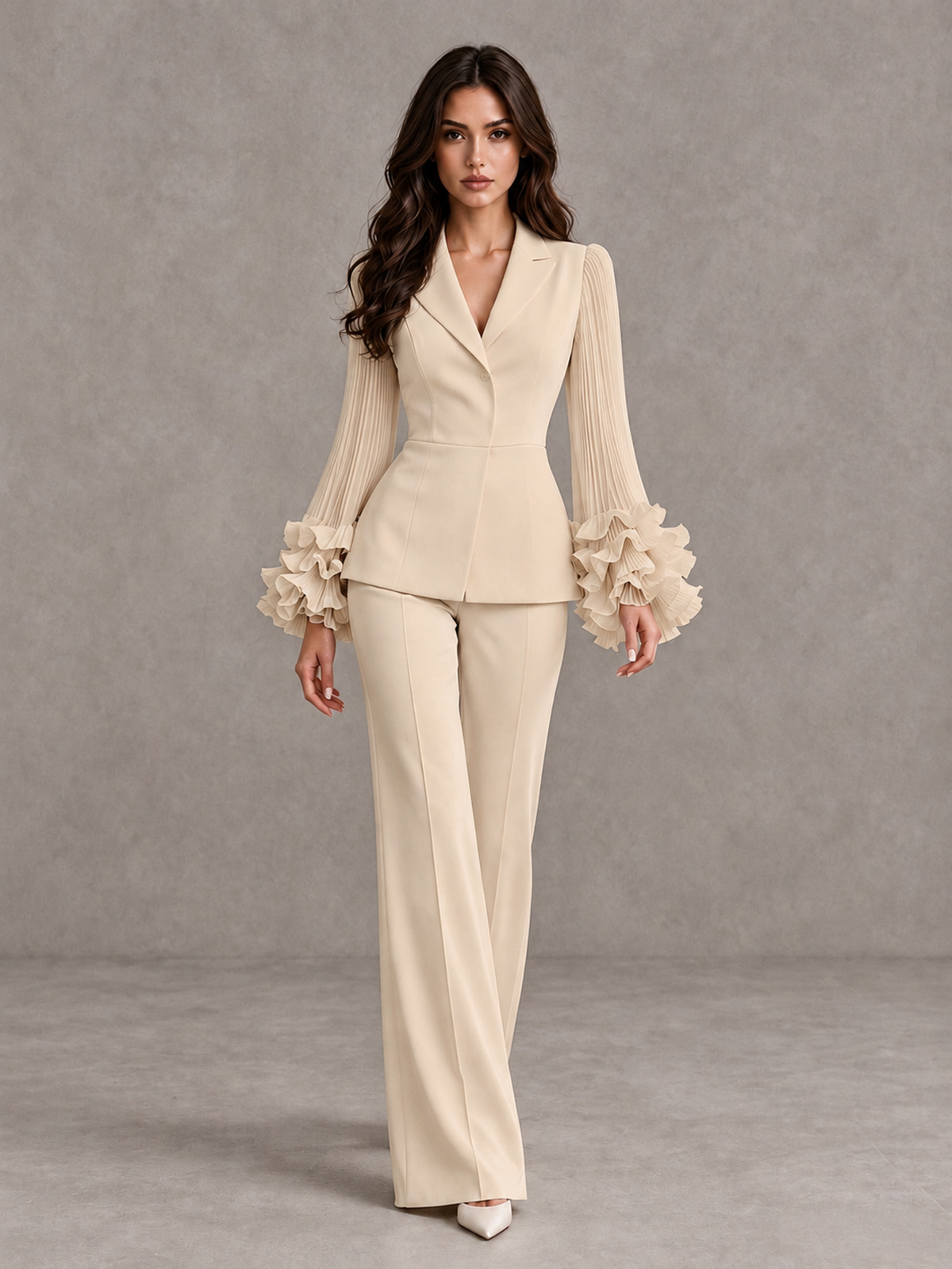 BOLODOO Champagne Mother of the Bride Pant Suit – Pleated Long Sleeve Ruffle Cuff Wide Leg Trouser Suit - Champagne - Champagne_01