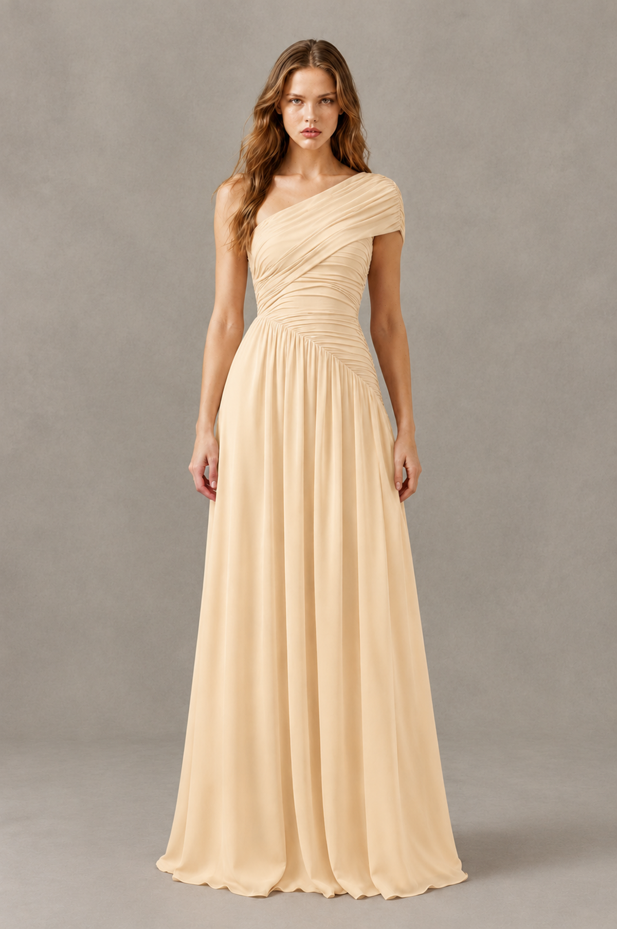 BOLODOO Champagne One-Shoulder Ruched Floor-Length Bridesmaid Dress - Champagne - Champagne_01