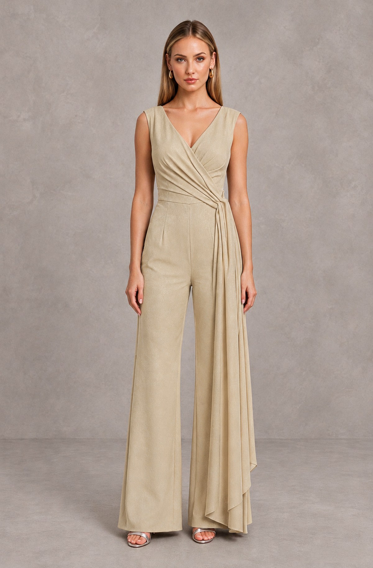 BOLODOO Champagne Sleeveless V-Neck Wide-Leg Jumpsuit with Side Drape - Champagne - Champagne_01