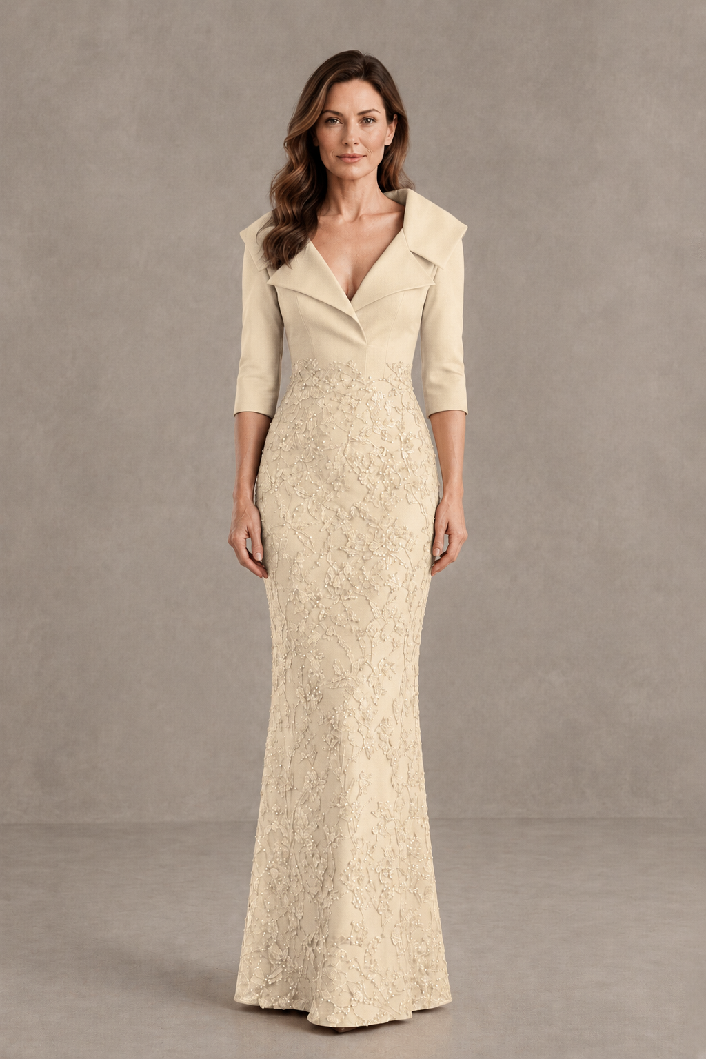 BOLODOO Champagne Three-Quarter Sleeve Mermaid Evening Dress with Floral Detail - Champagne - Champagne_01