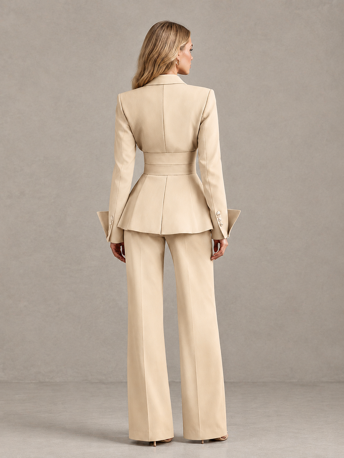 BOLODOO Champagne Belted Peplum Pantsuit with Long Sleeves & Wide-Leg Trousers - Champagne - Champagne_02