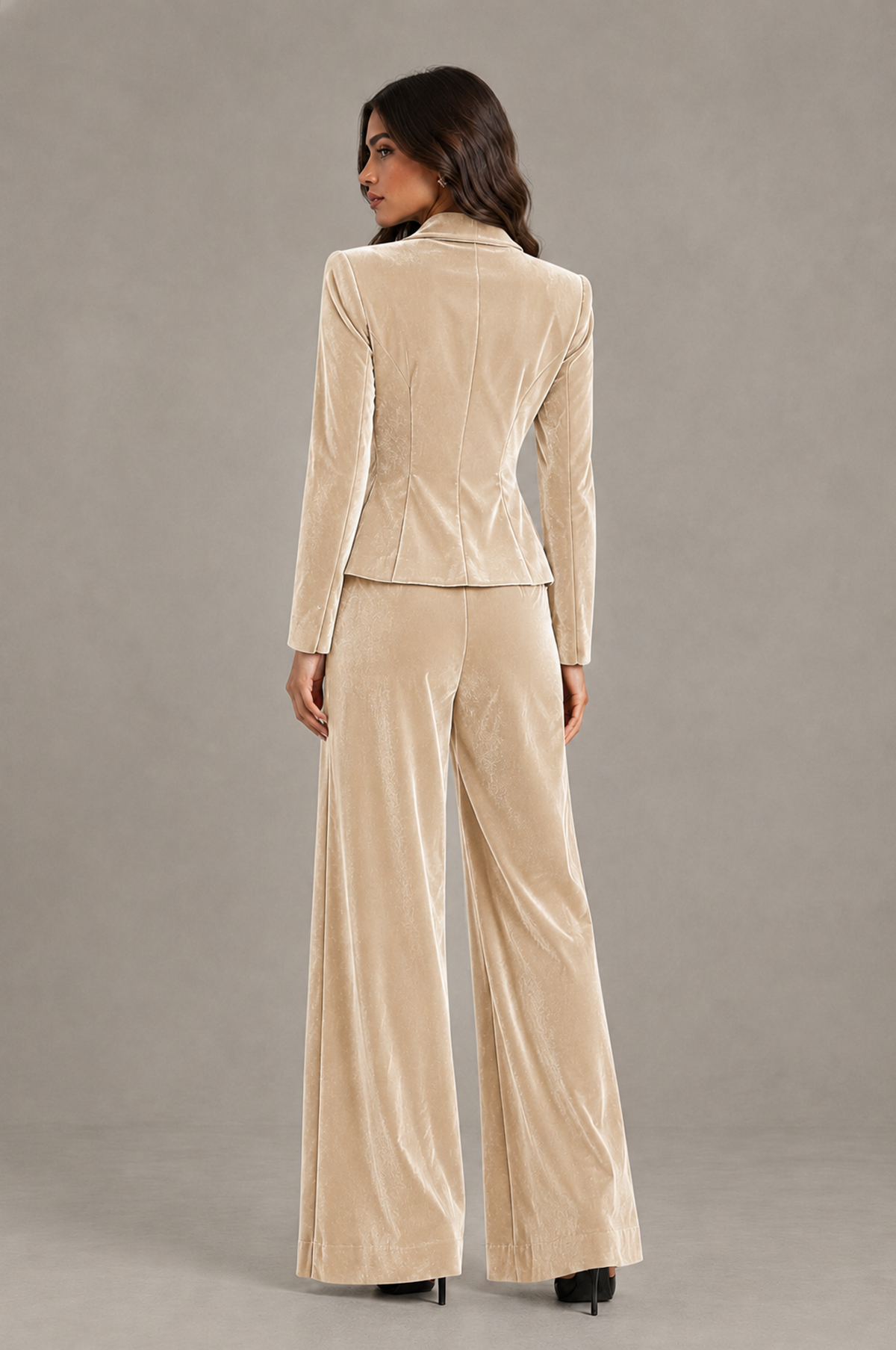 BOLODOO Champagne Velvet Two-Piece Pantsuit with Long Sleeve Blazer & Wide-Leg Trousers - Champagne - Champagne_02