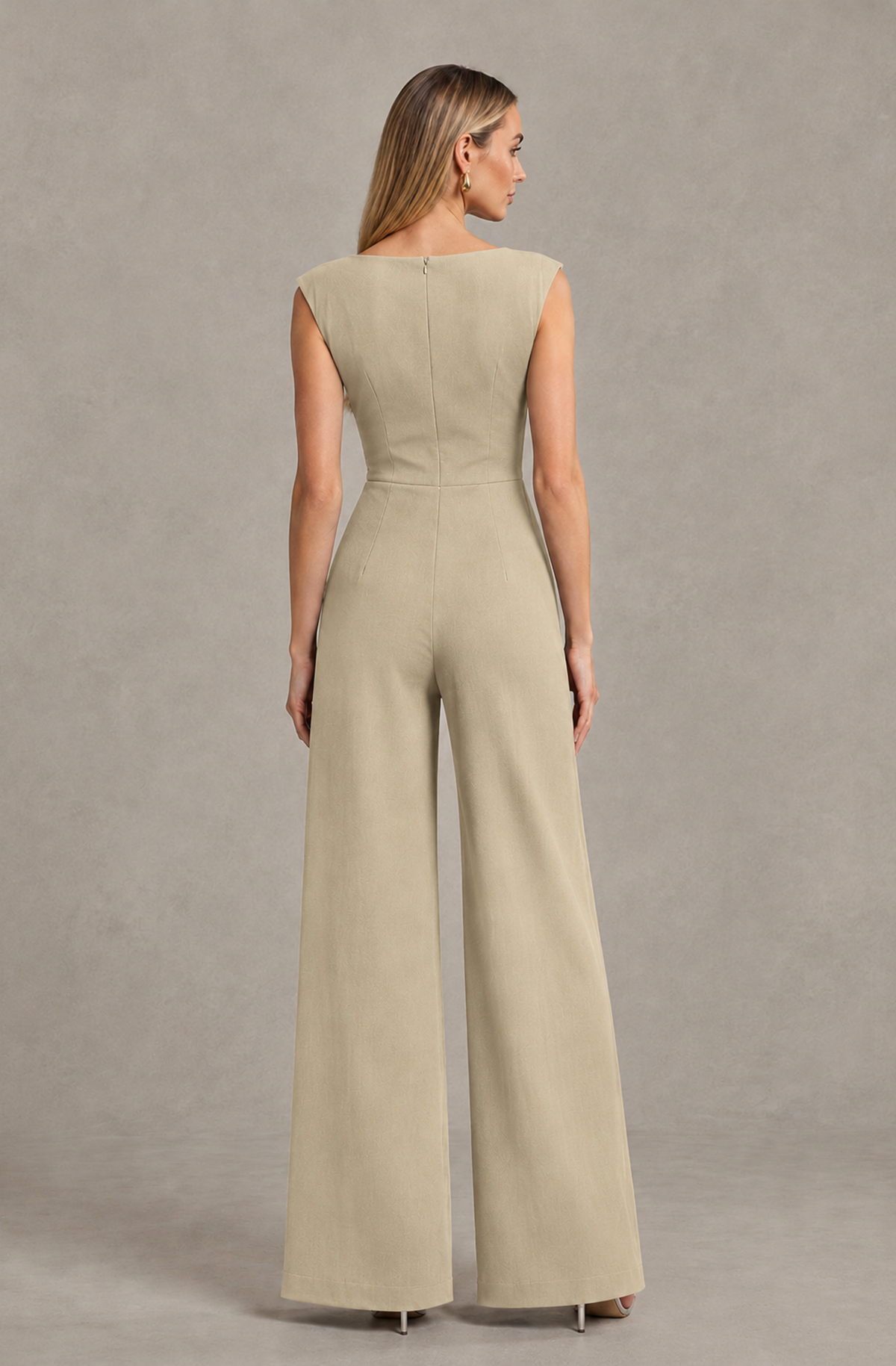 BOLODOO Champagne Sleeveless V-Neck Wide-Leg Jumpsuit with Side Drape - Champagne - Champagne_02