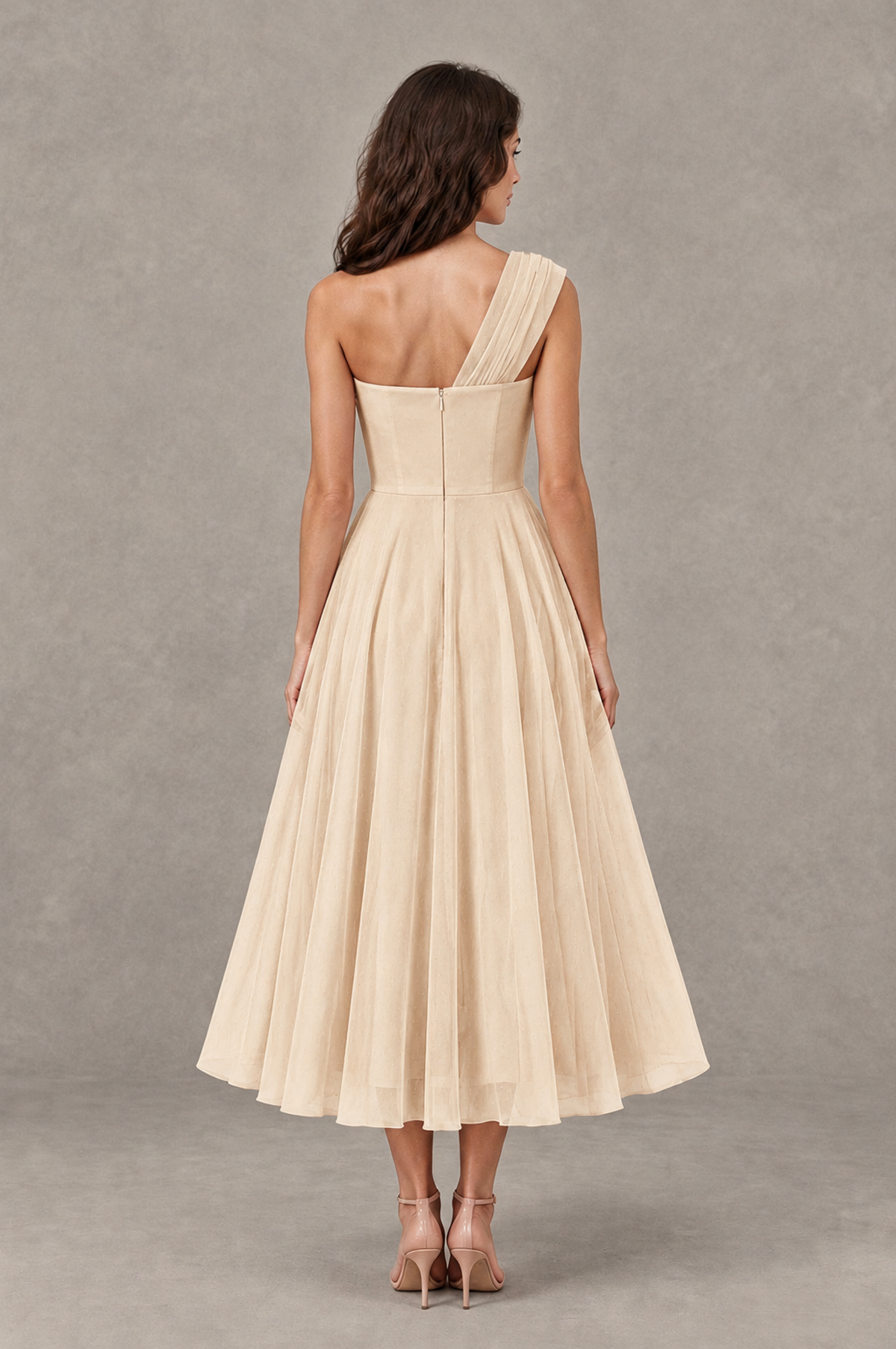 BOLODOO Champagne One-Shoulder Floral Tulle Tea-Length Dress - Champagne - Champagne_02