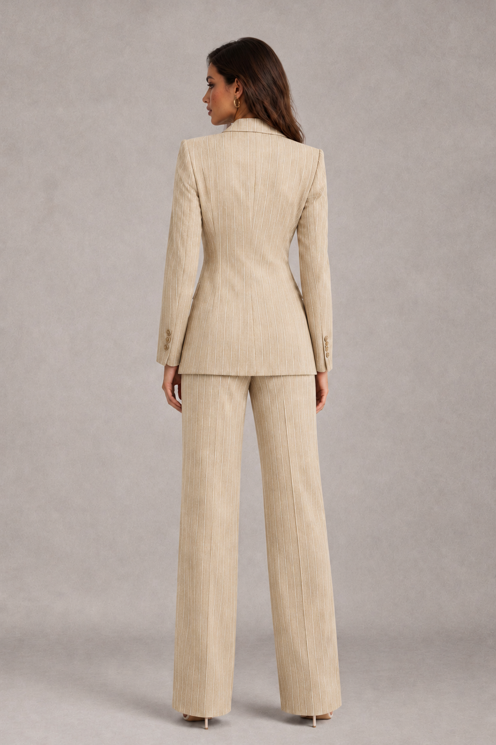 BOLODOO Women's Champagne Pinstripe Three-Piece Pantsuit with Wide-Leg Trousers - Champagne - Champagne_02