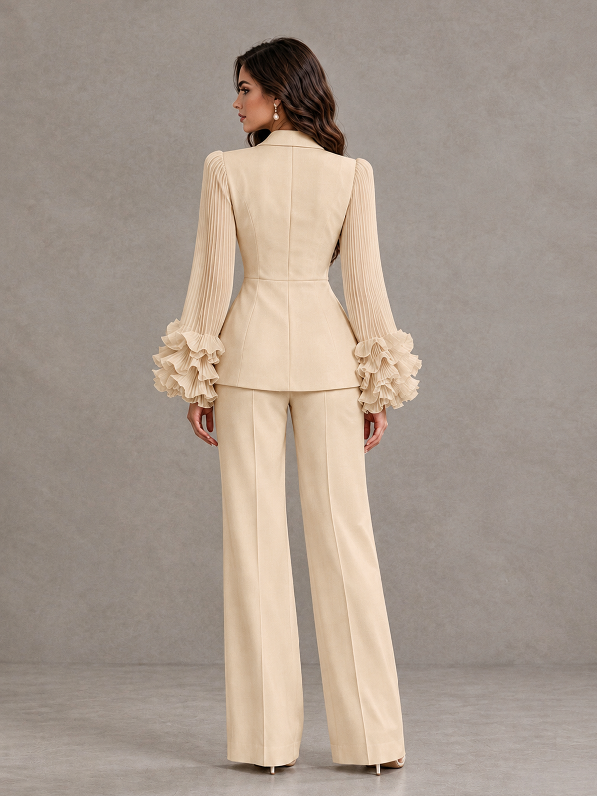 BOLODOO Champagne Mother of the Bride Pant Suit – Pleated Long Sleeve Ruffle Cuff Wide Leg Trouser Suit - Champagne - Champagne_02