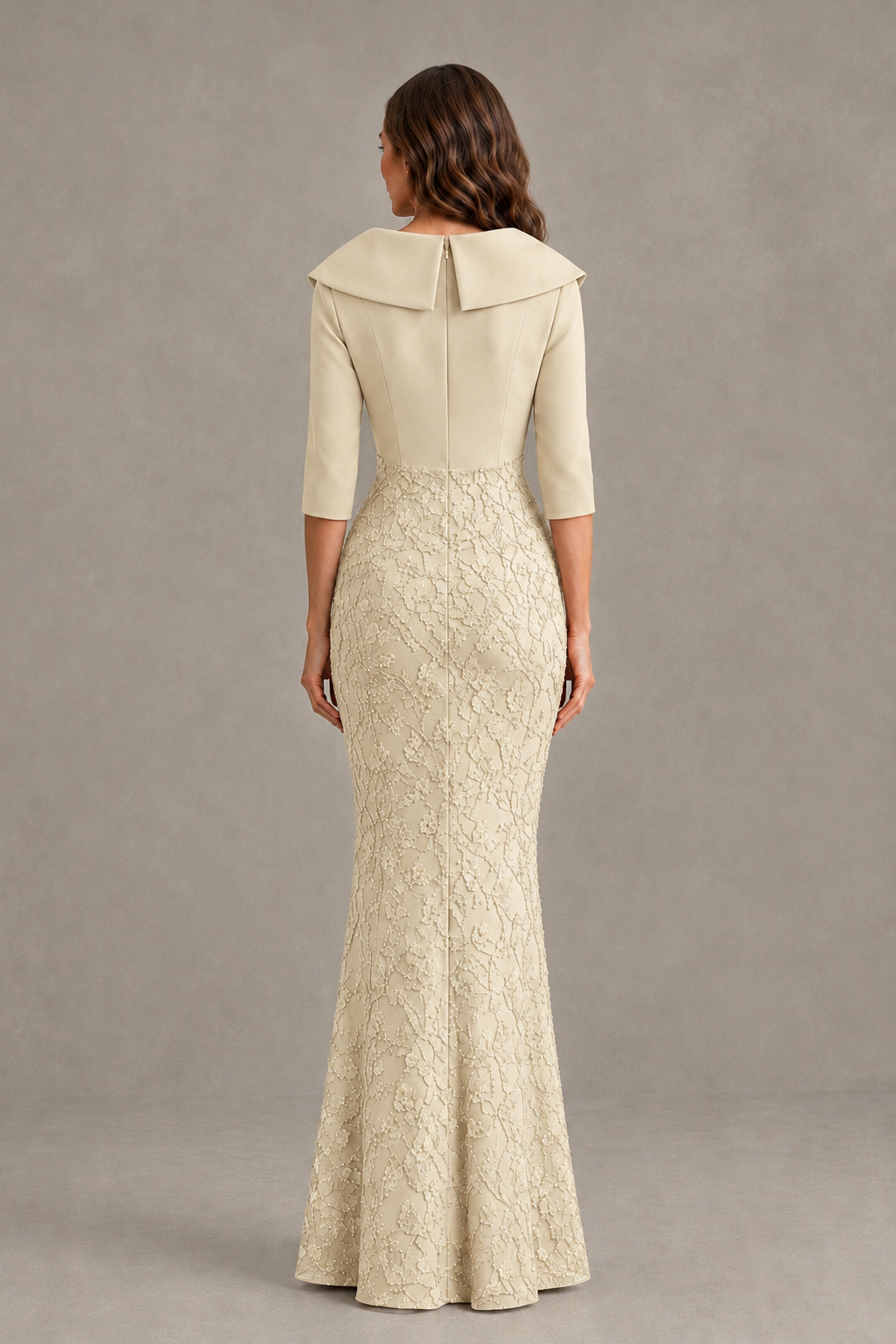 BOLODOO Champagne Three-Quarter Sleeve Mermaid Evening Dress with Floral Detail - Champagne - Champagne_02
