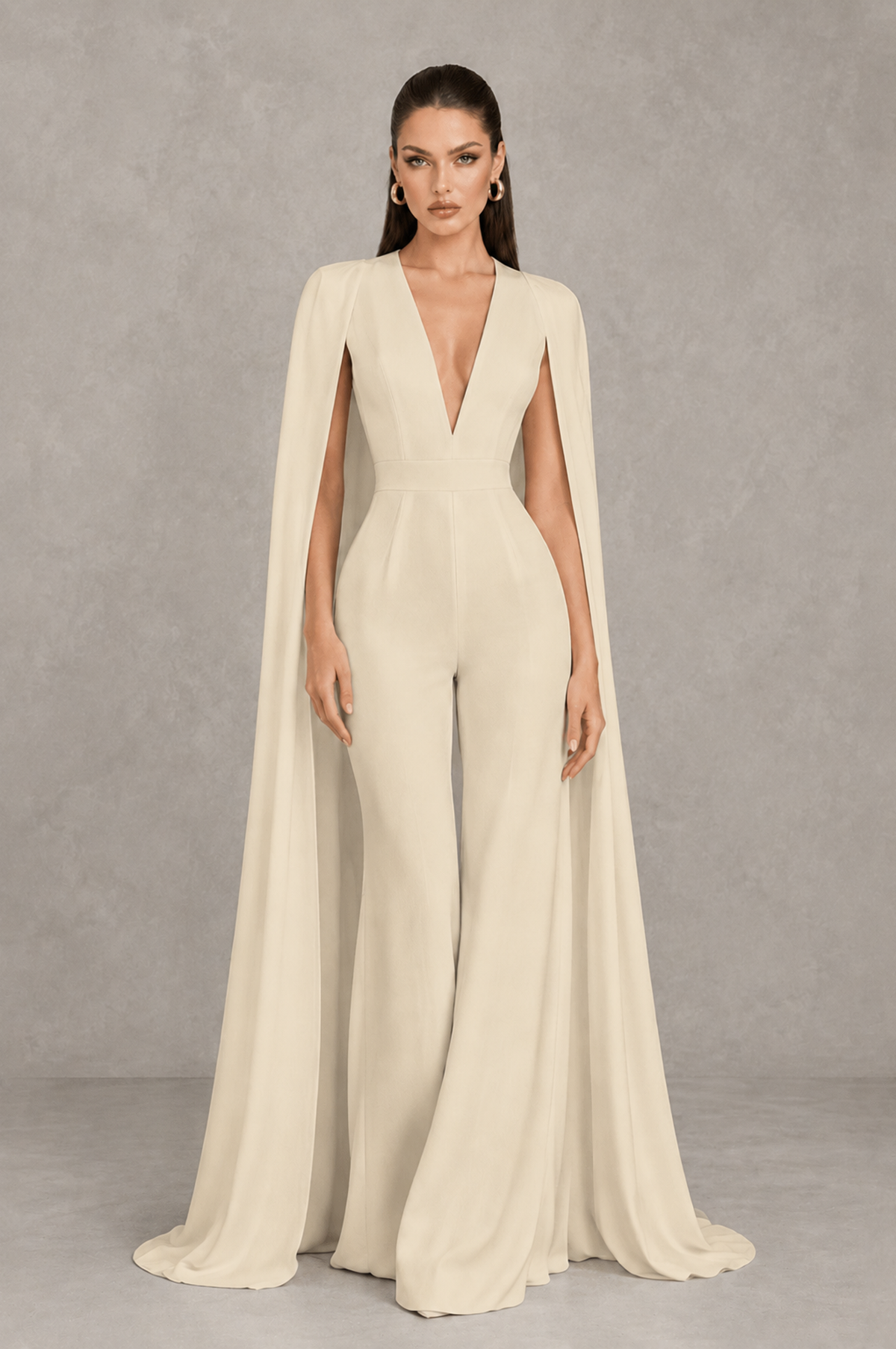 BOLODOO Champagne Deep V-Neck Cape Sleeve Bridal Jumpsuit - Champagne - Champagne_02