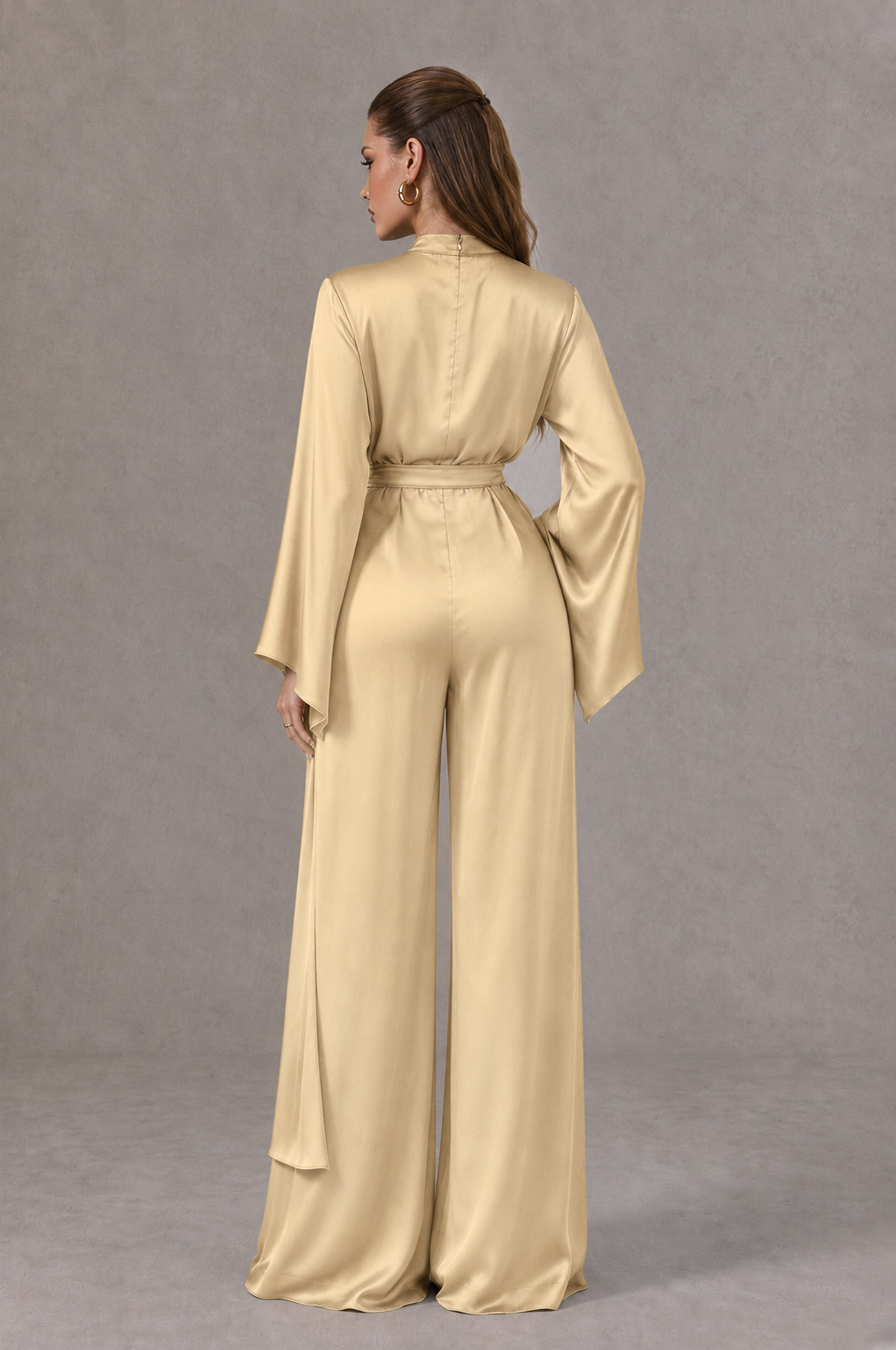 BOLODOO Champagne Satin-Look Long Sleeve Wide-Leg Jumpsuit - Champagne - Champagne_02